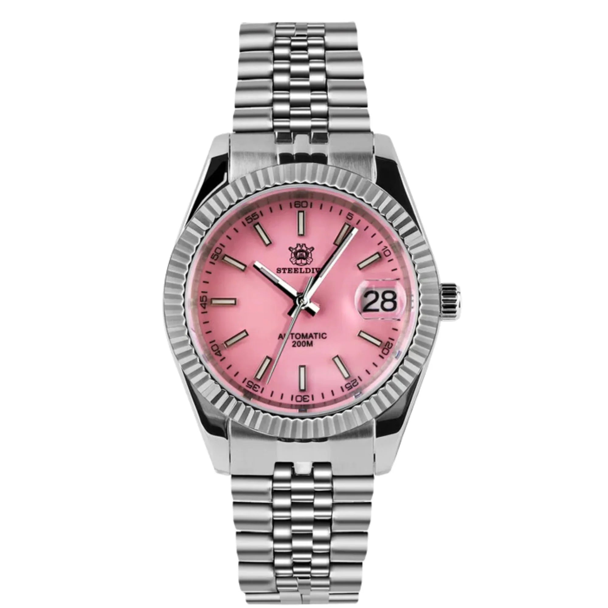 Steeldive SD1933 DJ Homage Men Watches - Fluted Bezel Pink Dial With Jubilee Bracelet - DREAM WATCHES