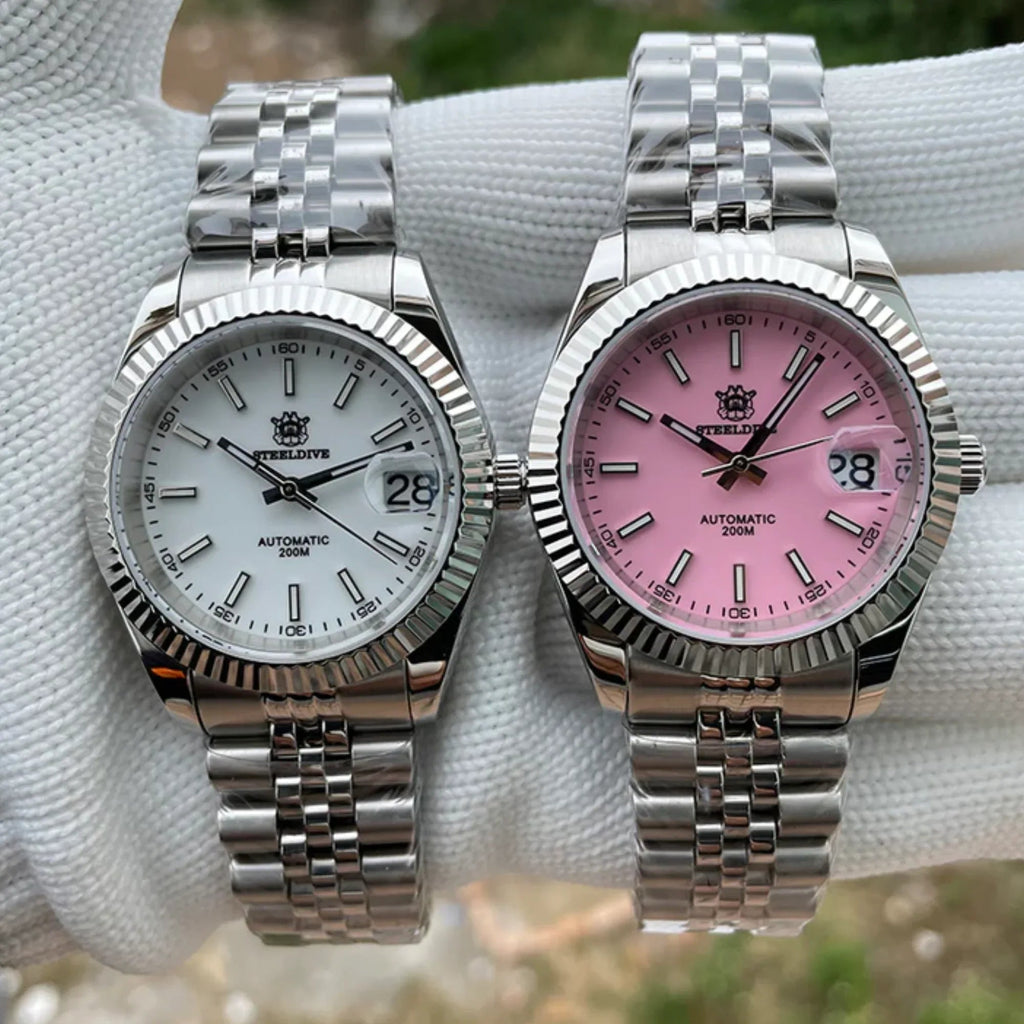 Steeldive SD1933 DJ Homage Men Watches - Fluted Bezel White Dial With Jubilee Bracelet - DREAM WATCHES