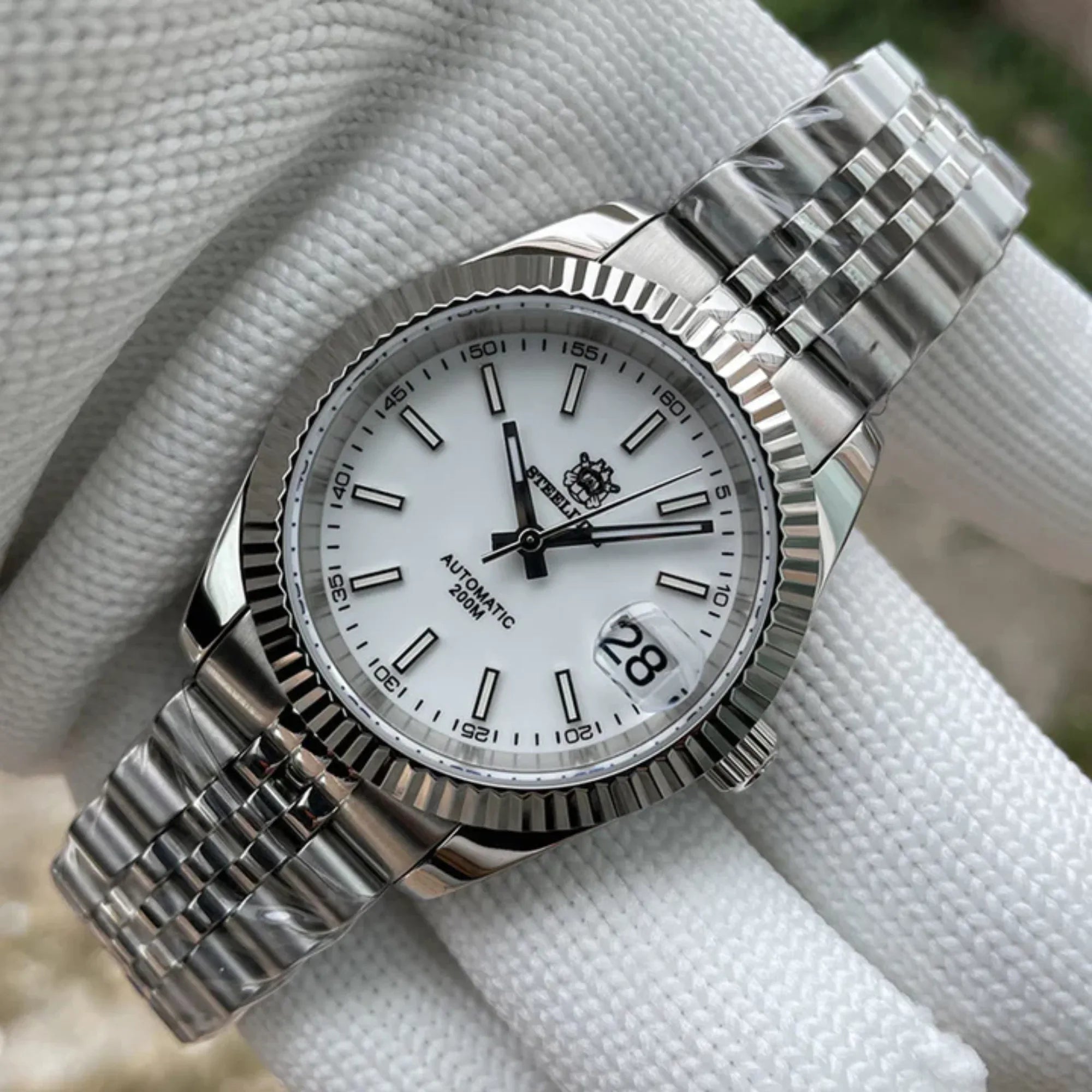 Steeldive SD1933 DJ Homage Men Watches - Fluted Bezel White Dial With Jubilee Bracelet - DREAM WATCHES