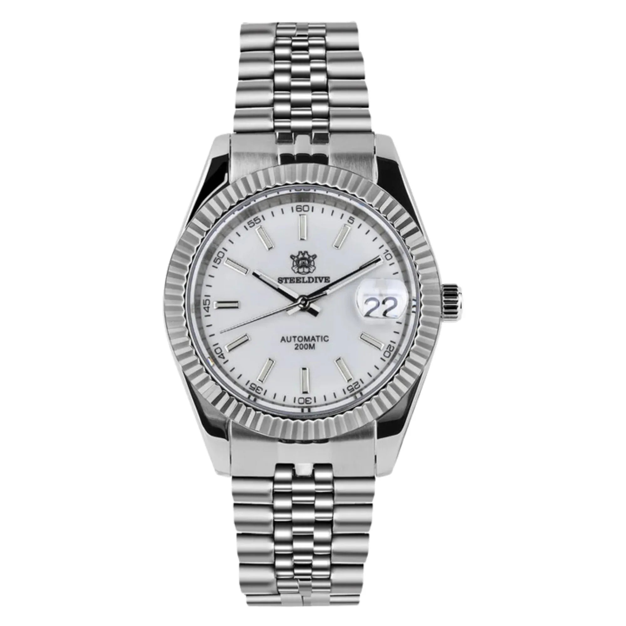 Steeldive SD1933 DJ Homage Men Watches - Fluted Bezel White Dial With Jubilee Bracelet - DREAM WATCHES