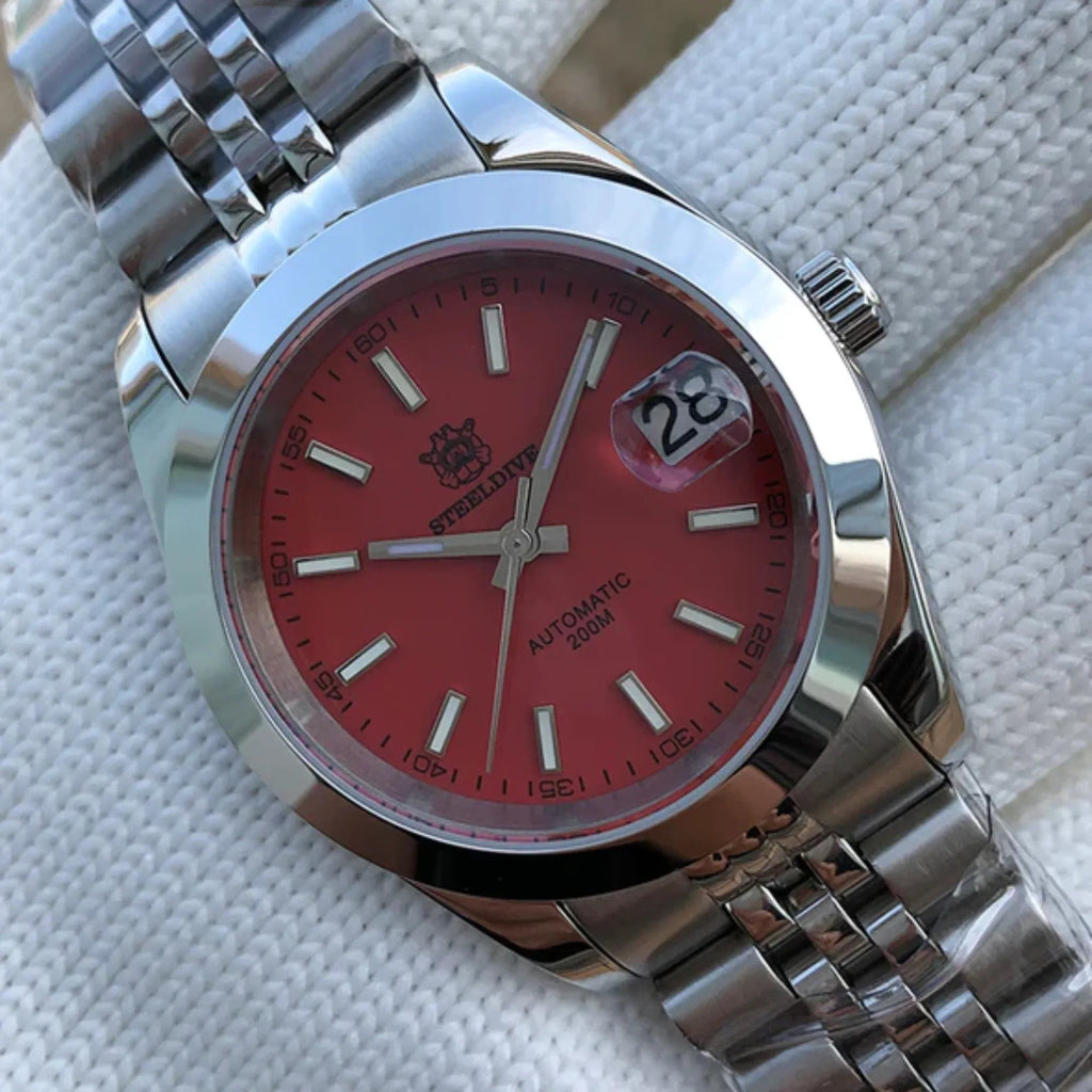 Steeldive SD1934 Vintage Diver Watch - Red Dial With Jubilee Bracelet - DREAM WATCHES