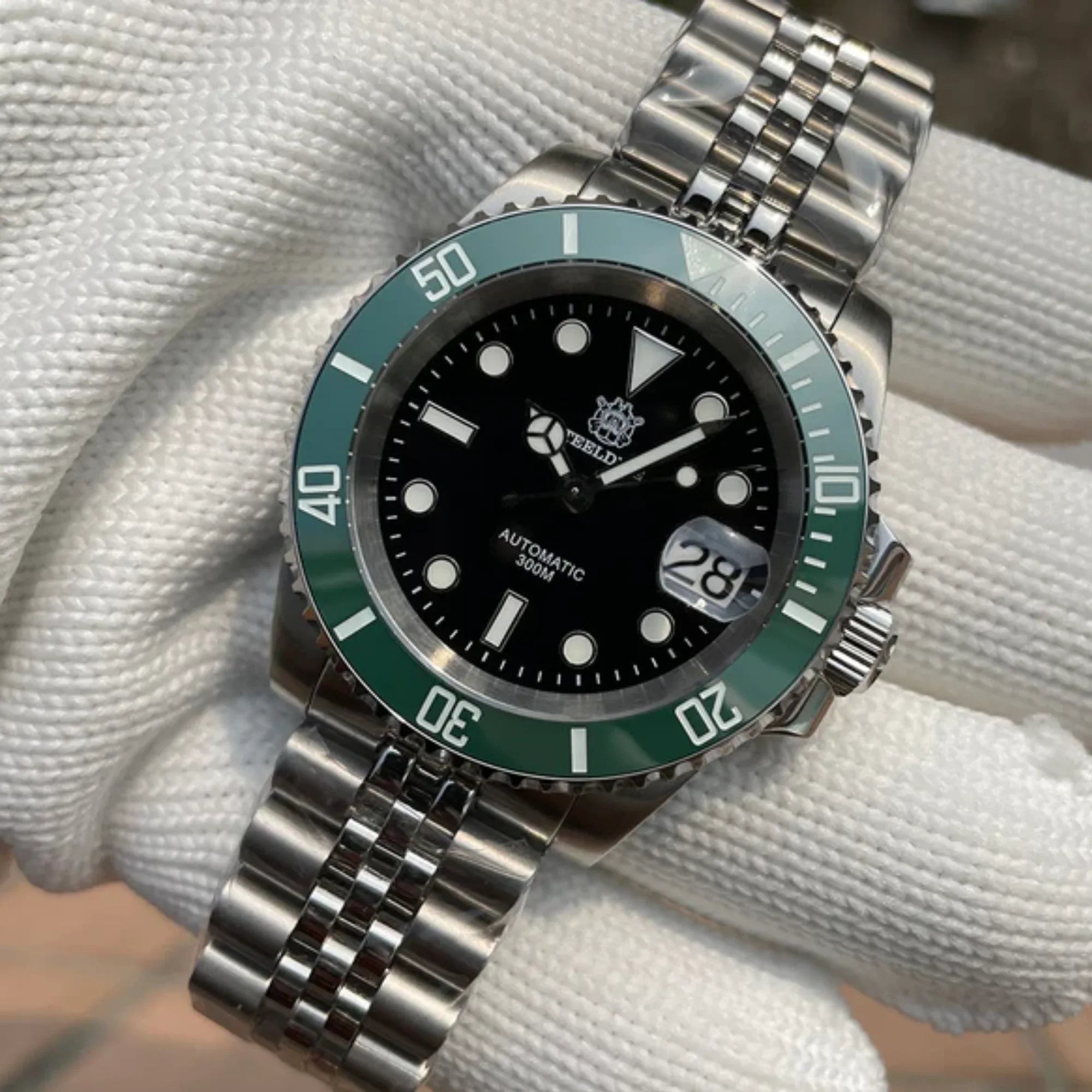 Steeldive SD1953 Sub Men Dive Watch V2 Black/Green Dial With Jubilee Bracelet - DREAM WATCHES