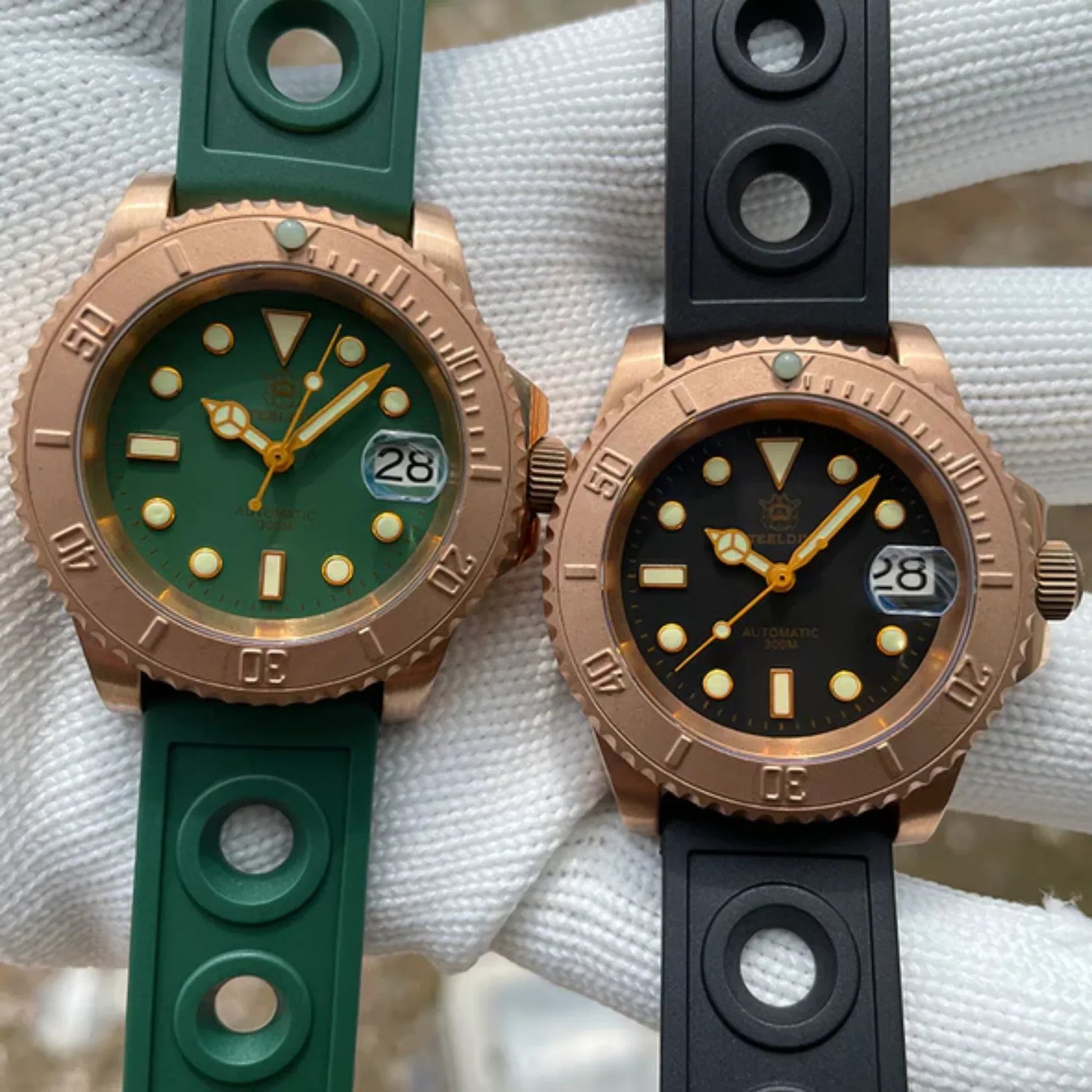 Steeldive SD1953S Bronze Sub Men Watch With Green Holer Rubber Strap - DREAM WATCHES