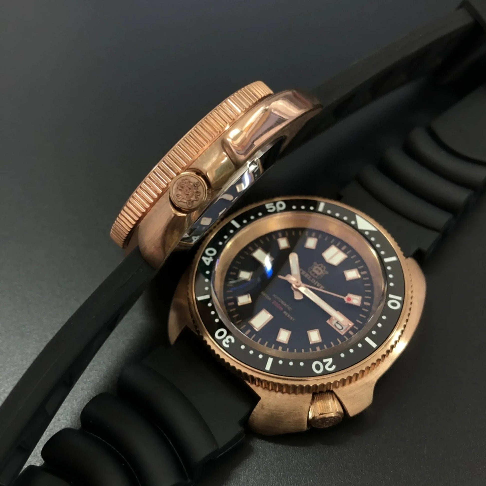 Steeldive SD1970S Bronze 6105 Turtle Diving Watch V2 With Black Holer Rubber Strap - Bronze - DREAM WATCHES