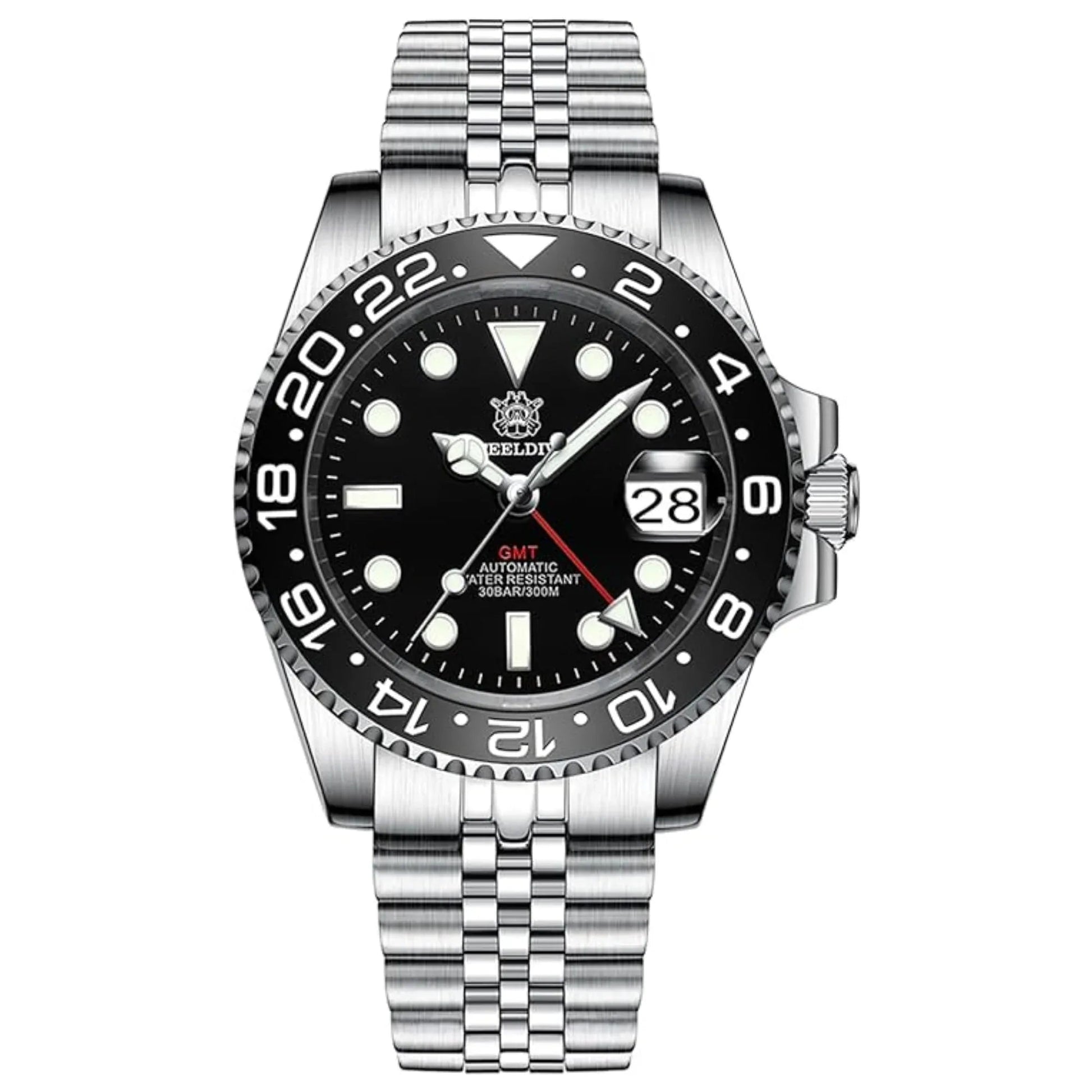 Steeldive SD1993 NH34 GMT Automatic Watch V2 Black With Jubilee Bracelet - DREAM WATCHES