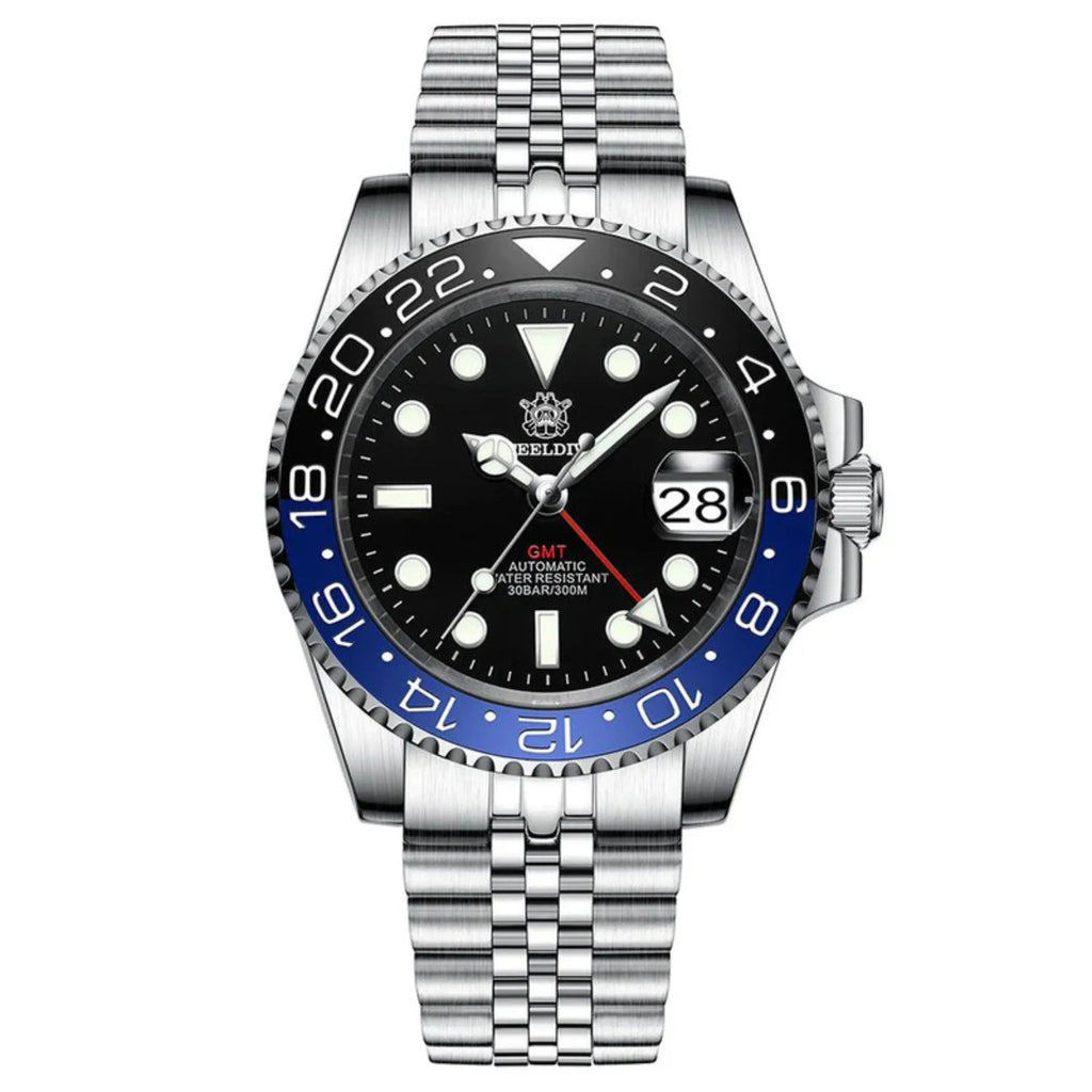 Steeldive SD1993 NH34 GMT Automatic Watch V2 Black/Blue With Jubilee Bracelet - DREAM WATCHES