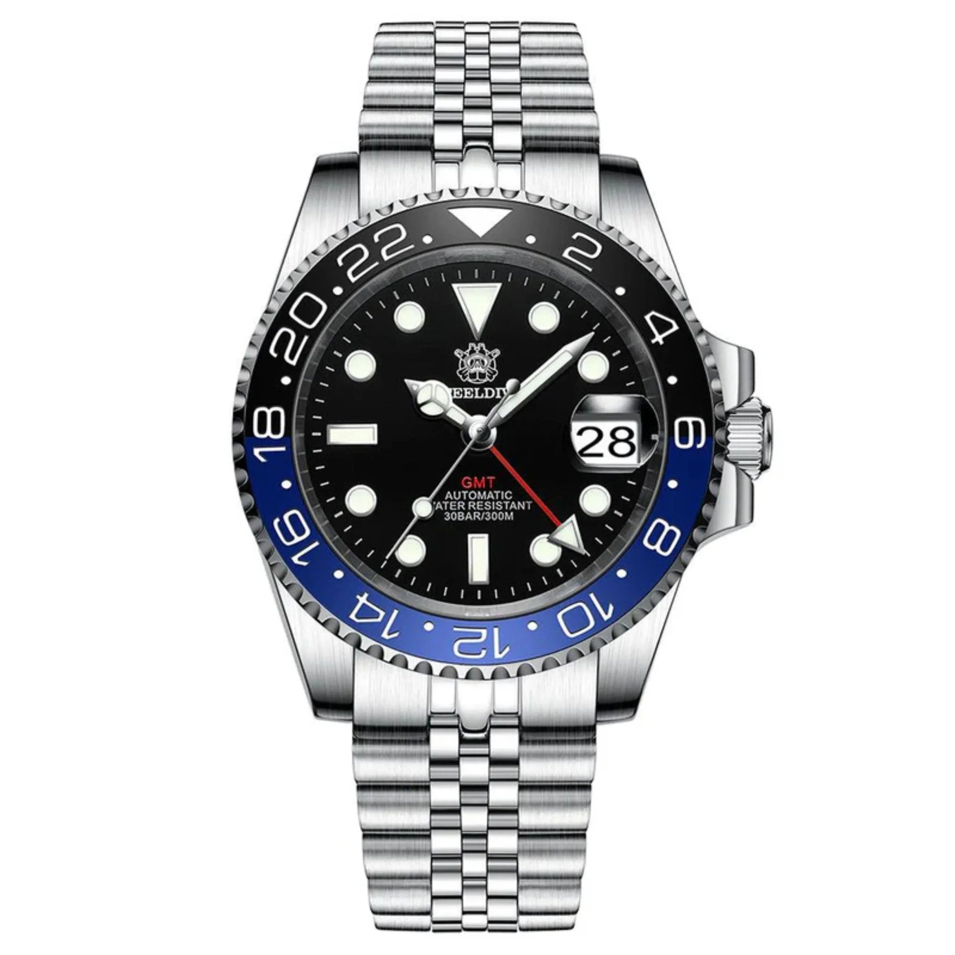 Steeldive SD1993 NH34 GMT Automatic Watch V2 Black/Blue With Jubilee Bracelet - DREAM WATCHES