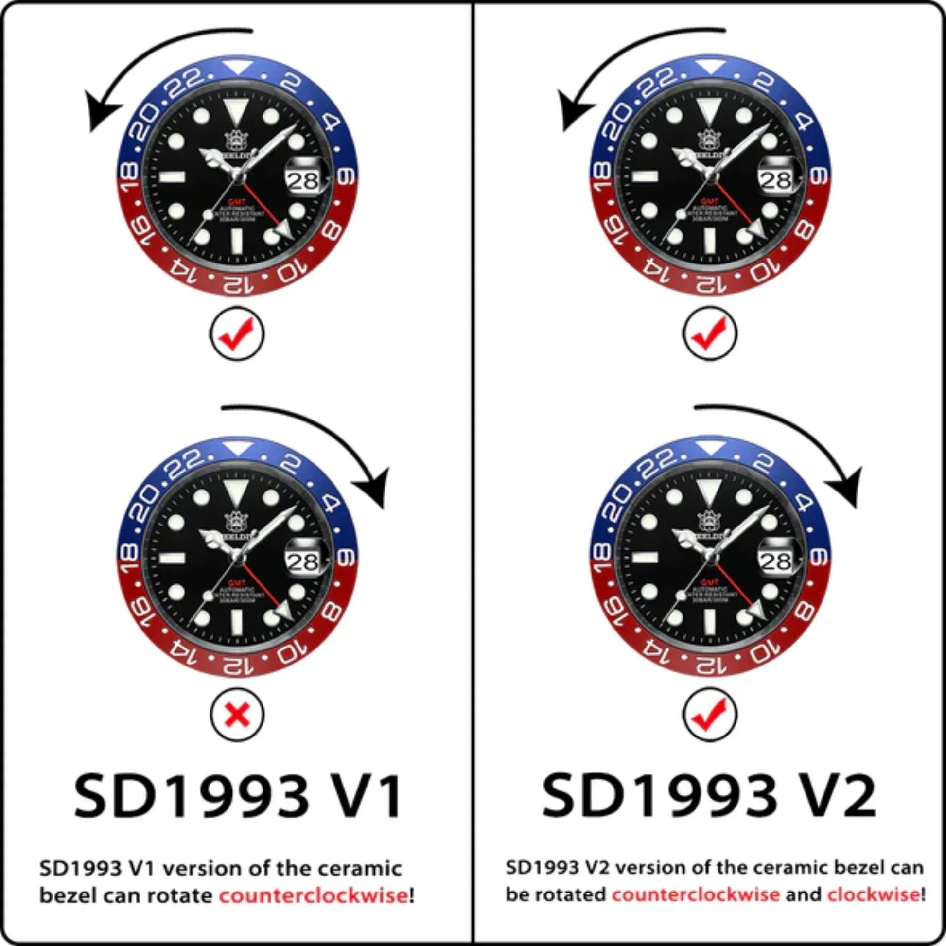 Steeldive SD1993 NH34 GMT Automatic Watch V2 Black/Blue With Jubilee Bracelet - DREAM WATCHES