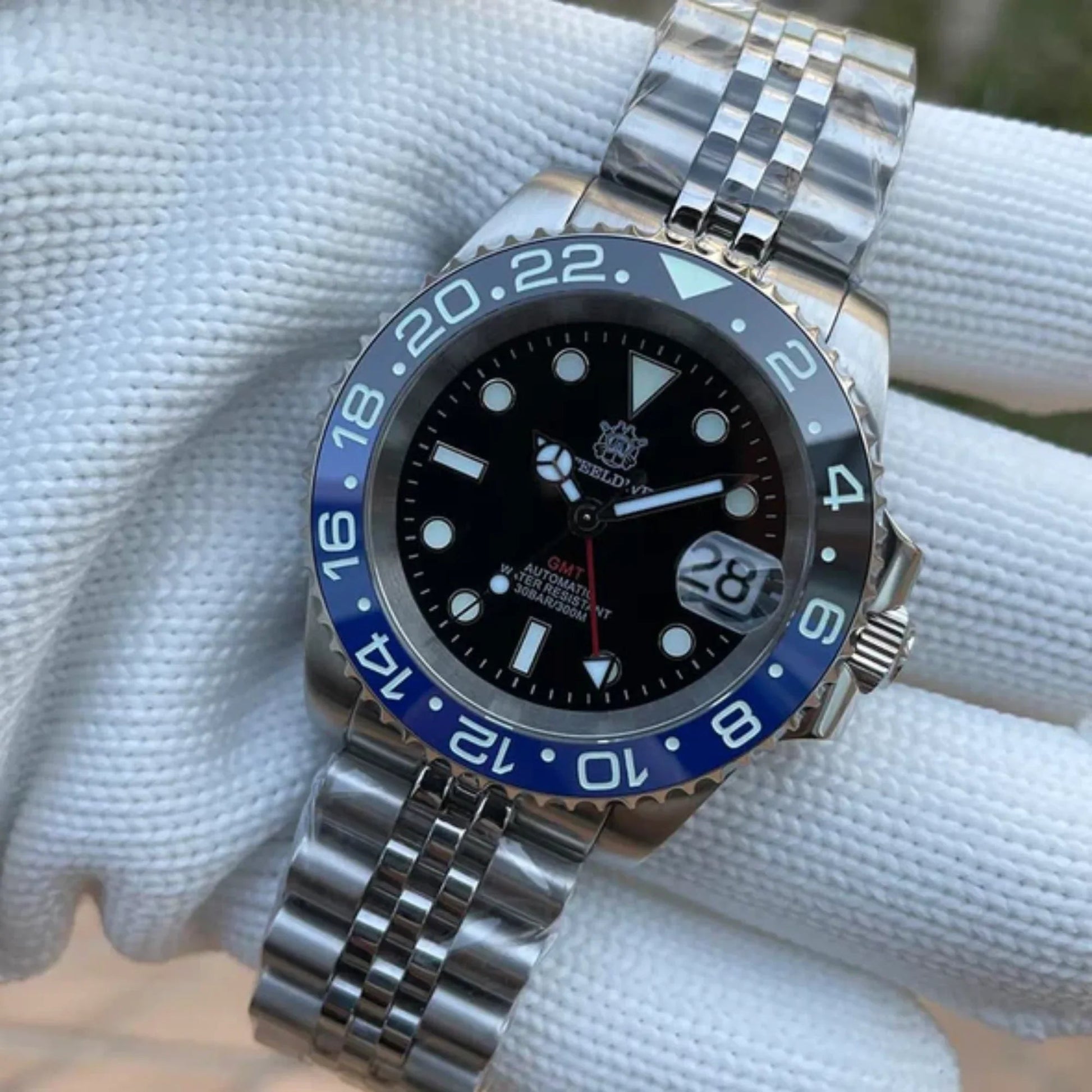 Steeldive SD1993 NH34 GMT Automatic Watch V2 Black/Blue With Jubilee Bracelet - DREAM WATCHES