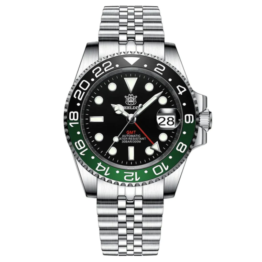Steeldive SD1993 NH34 GMT Automatic Watch V2 Black/Green With Jubilee Bracelet - DREAM WATCHES