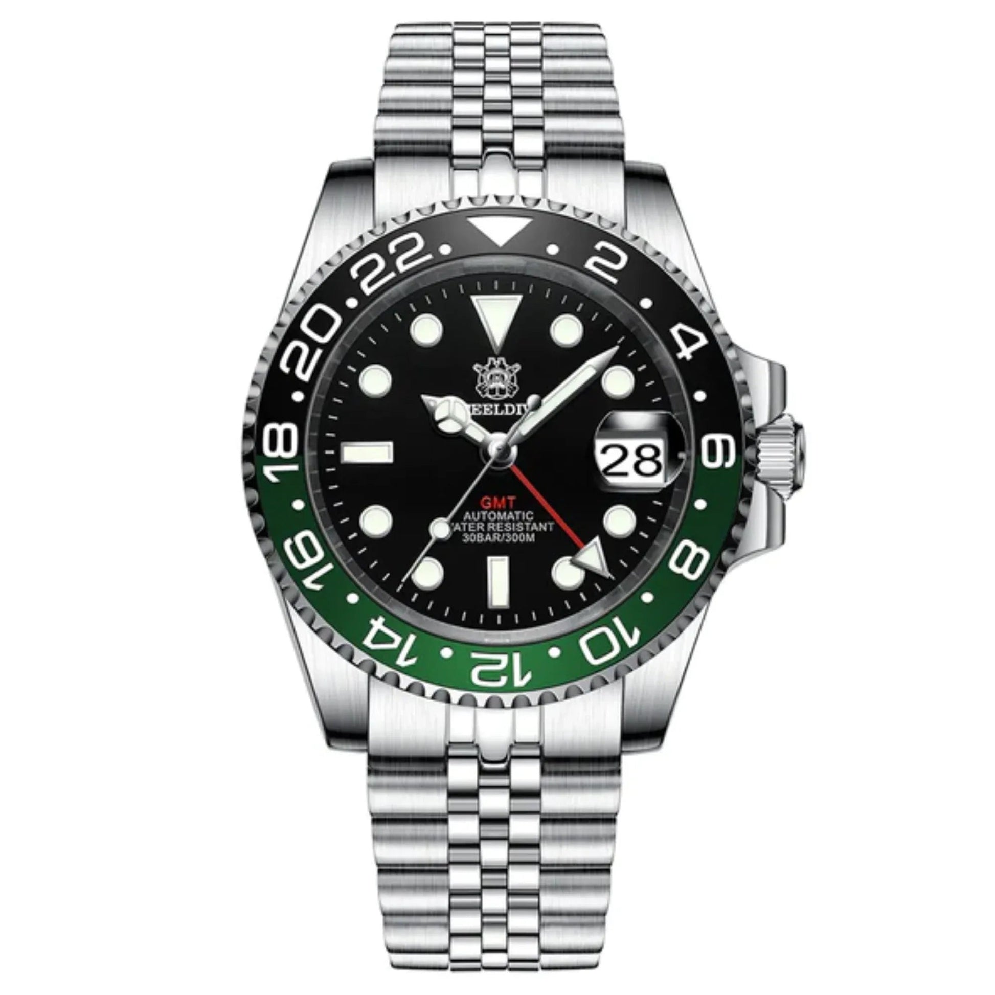 Steeldive SD1993 NH34 GMT Automatic Watch V2 Black/Green With Jubilee Bracelet - DREAM WATCHES
