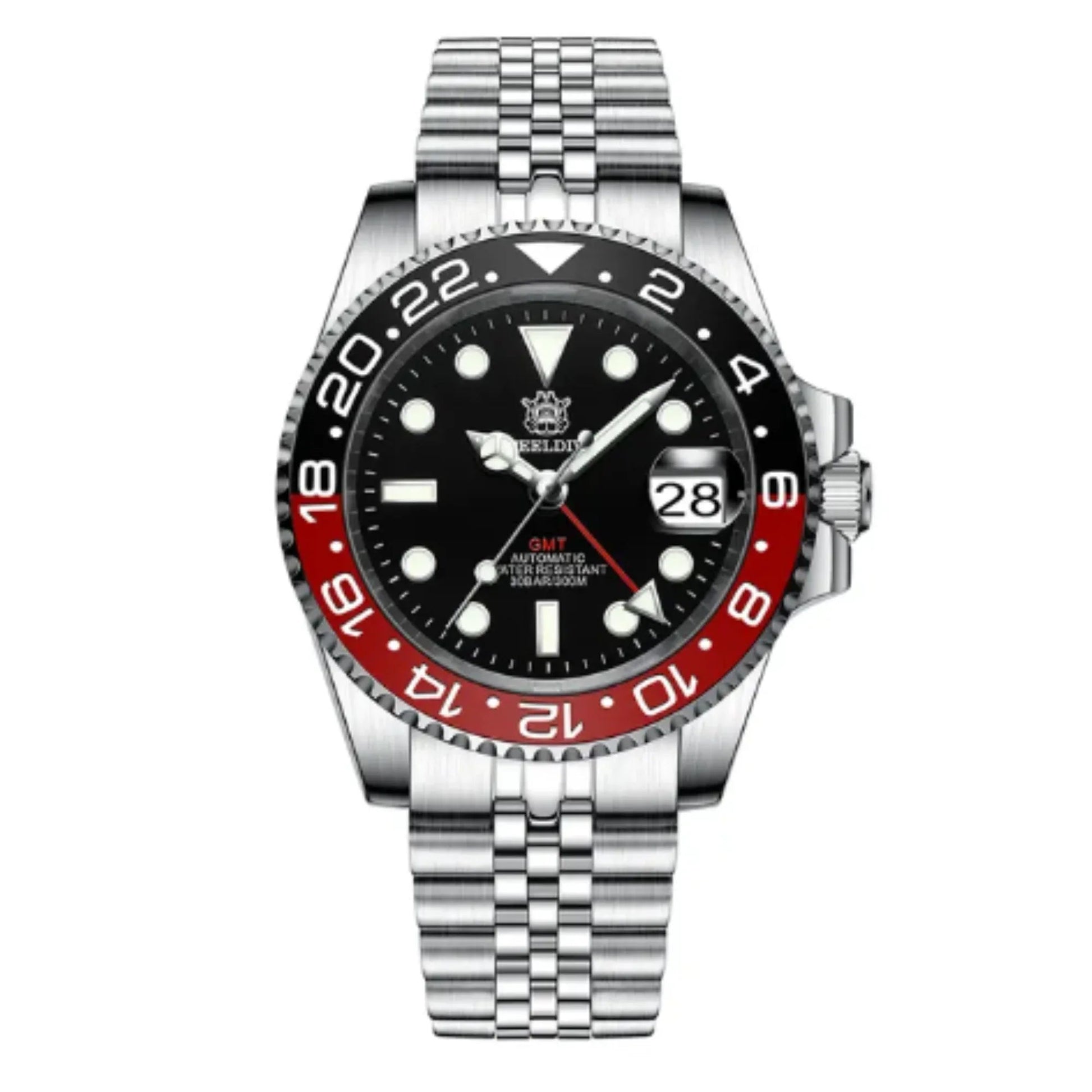 Steeldive SD1993 NH34 GMT Automatic Watch V2 Black/Red With Jubilee Bracelet - DREAM WATCHES