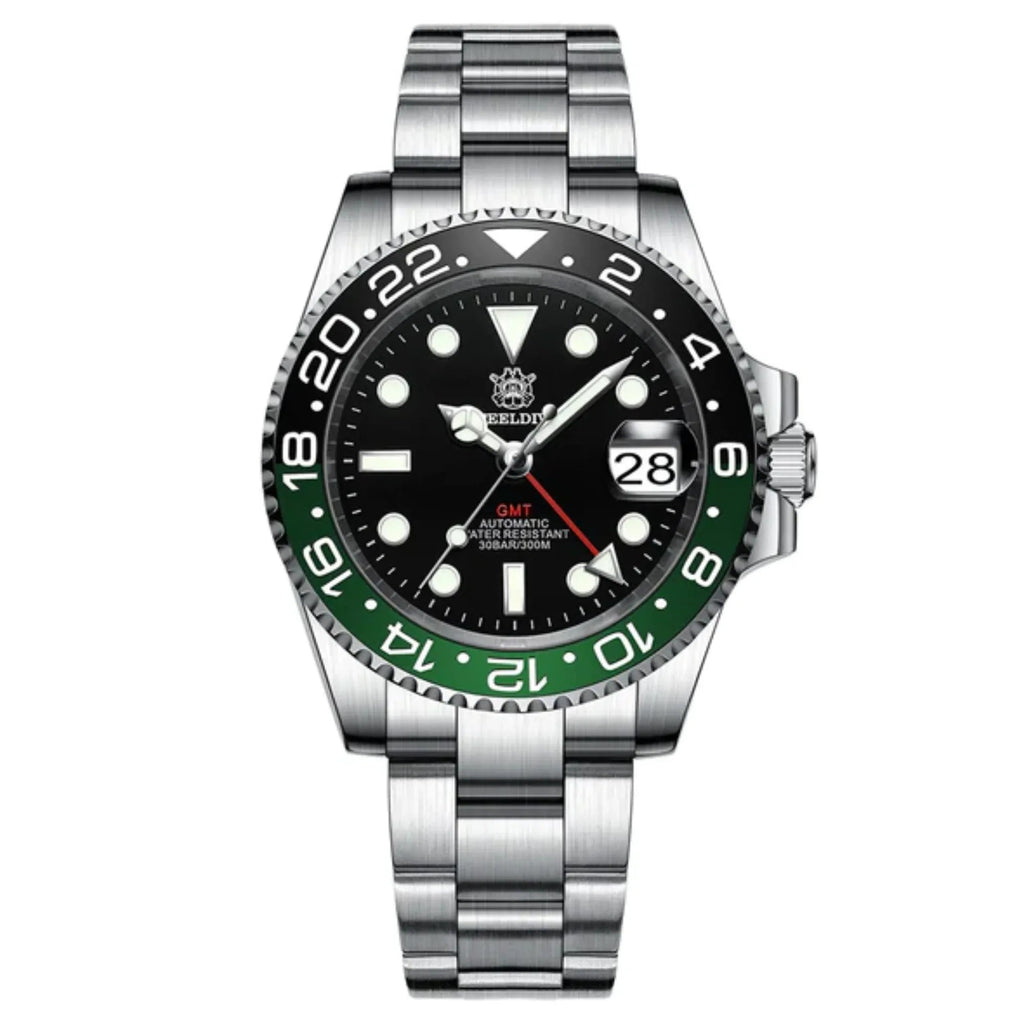 Steeldive SD1993 NH34 GMT Automatic Watch V2 Green/Black Dial With Oyster Bracelet - DREAM WATCHES