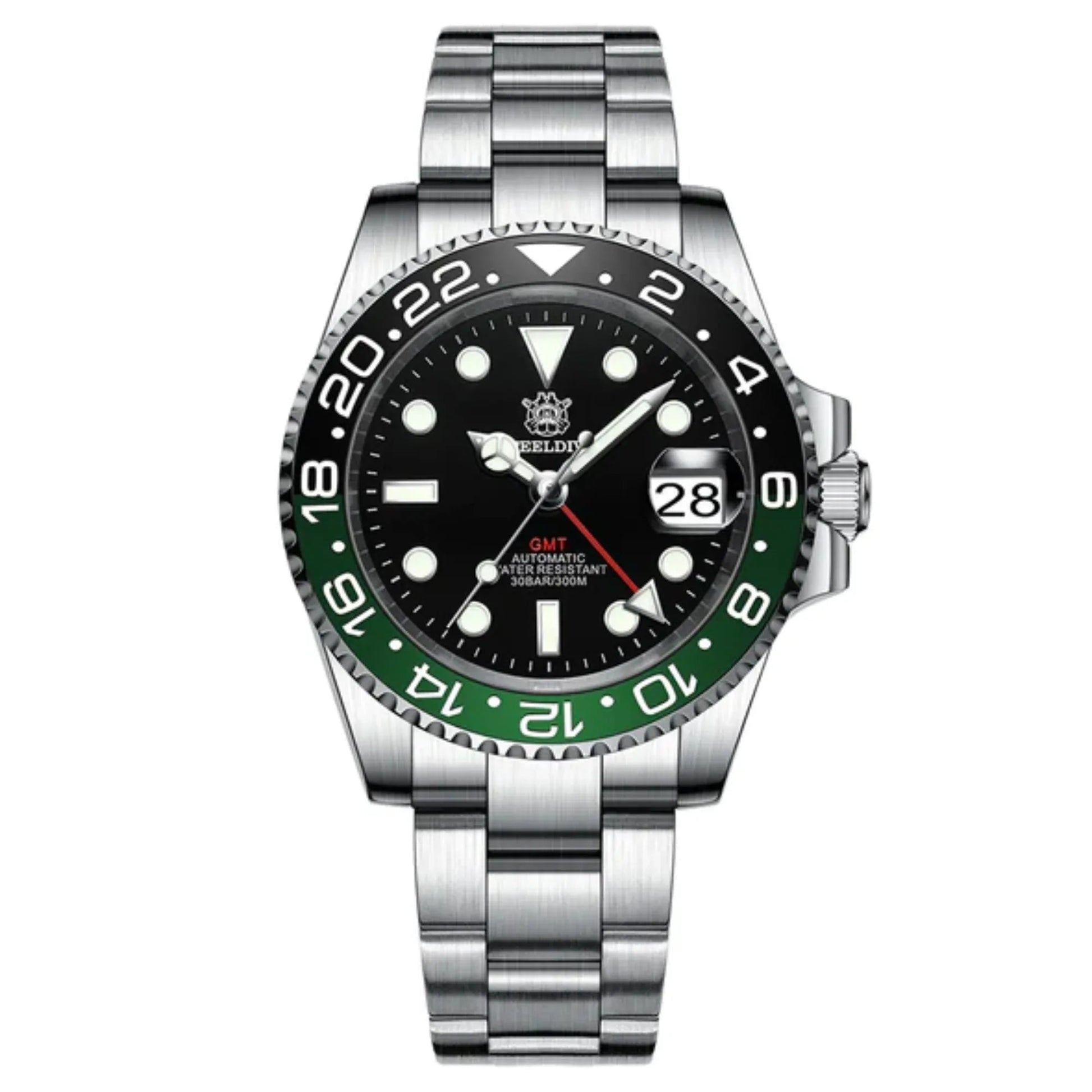 Steeldive SD1993 NH34 GMT Automatic Watch V2 Green/Black Dial With Oyster Bracelet - DREAM WATCHES