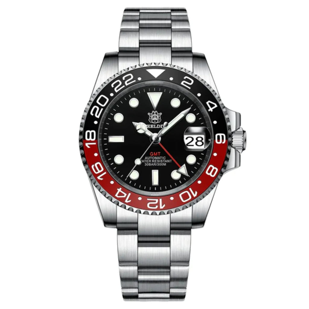 Steeldive SD1993 NH34 GMT Automatic Watch V2 Red/Black Dial With Oyster Bracelet - DREAM WATCHES