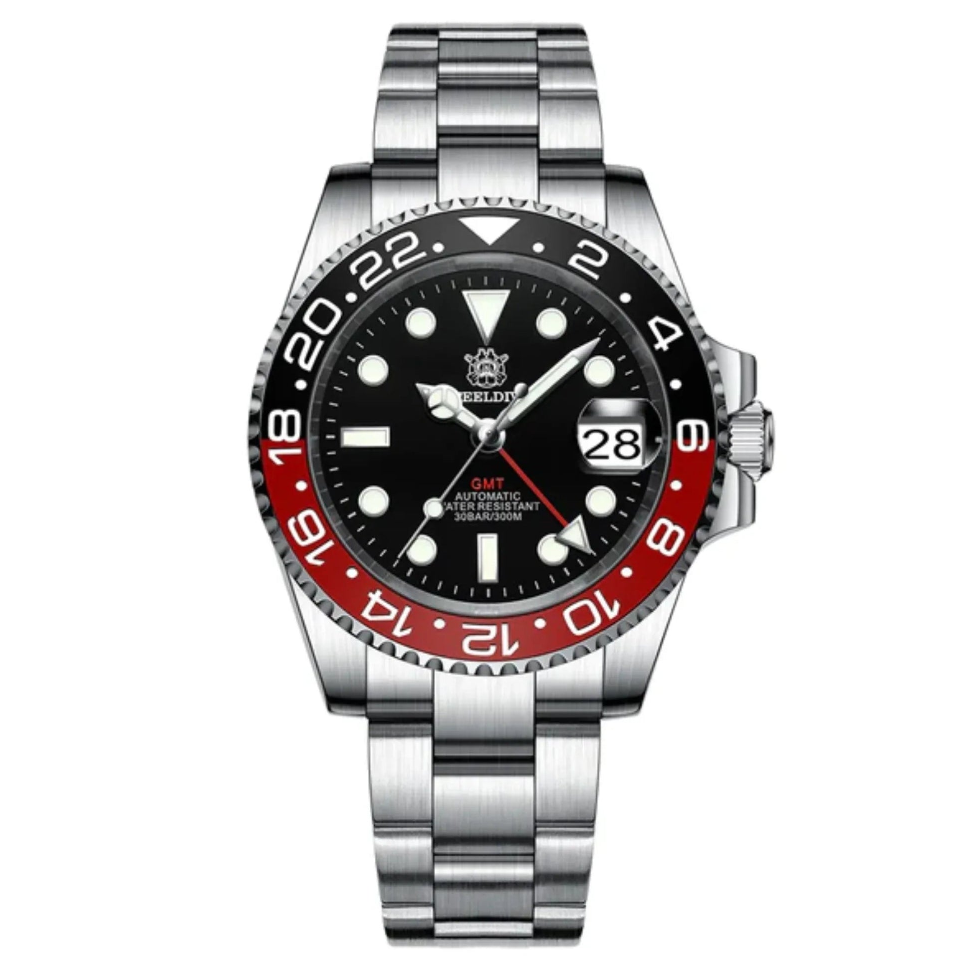 Steeldive SD1993 NH34 GMT Automatic Watch V2 Red/Black Dial With Oyster Bracelet - DREAM WATCHES