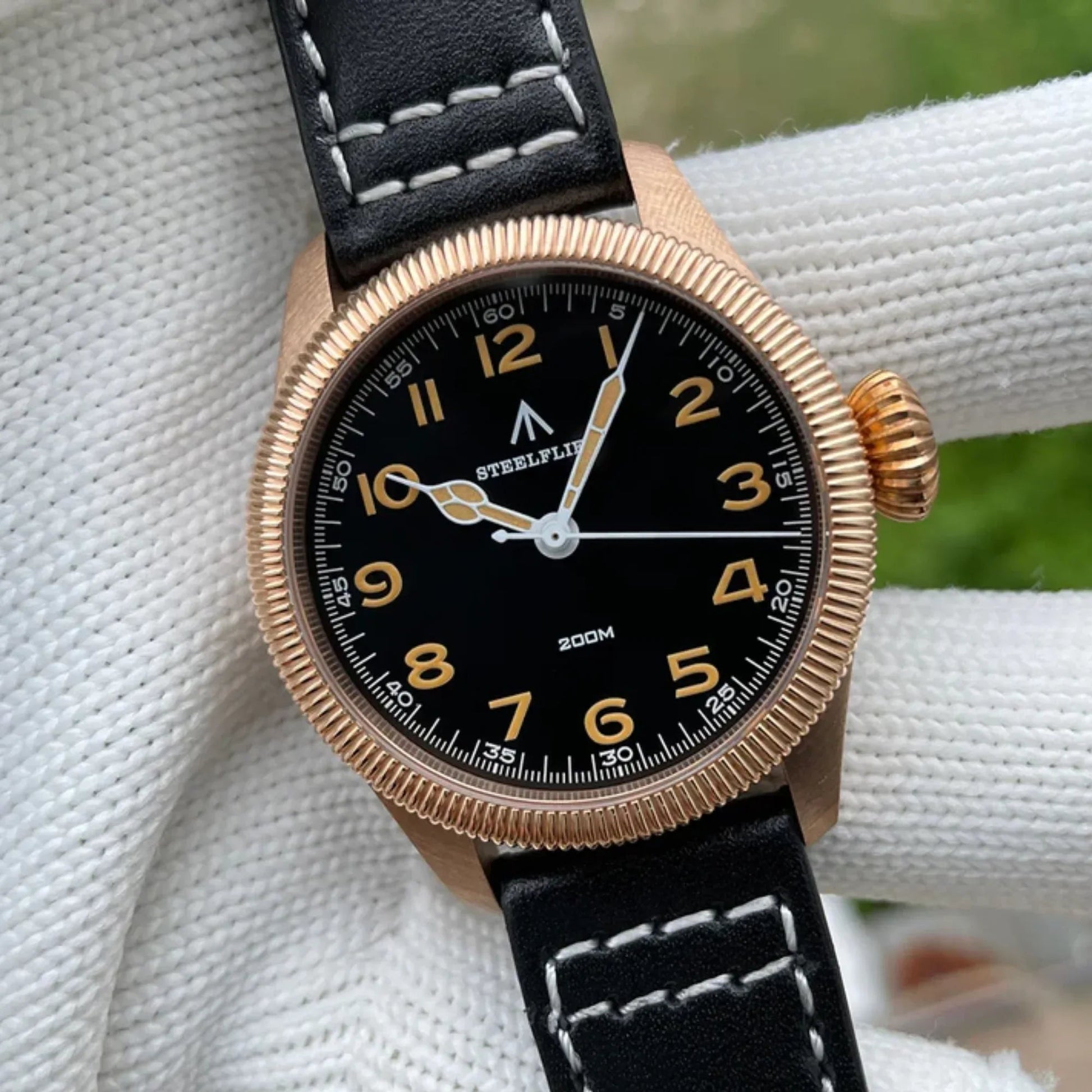 Steelflier VH60 Bronze Filed Watch SF741S - Black Leather Strap with white stiching - DREAM WATCHES
