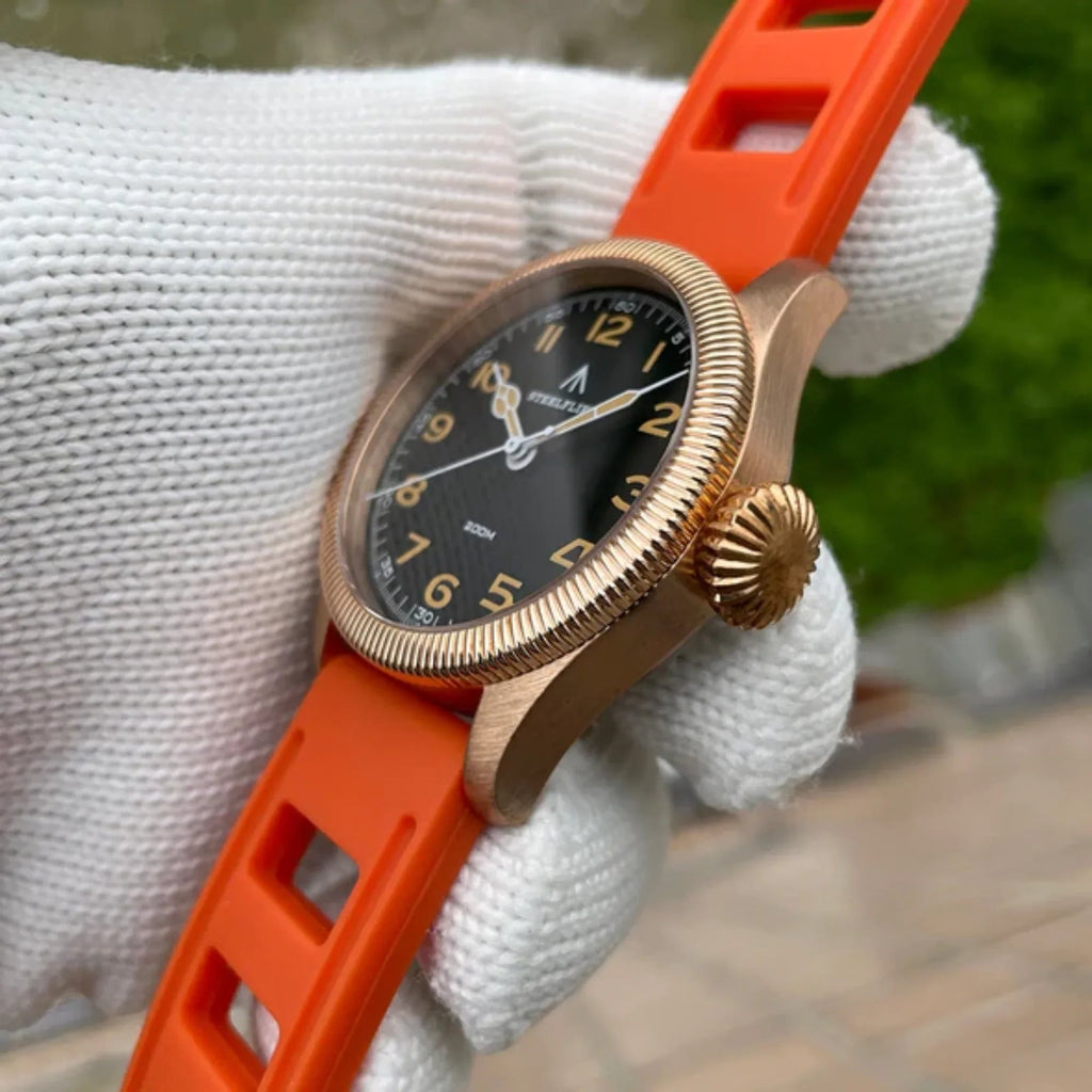 Steelflier VH60 Bronze Filed Watch SF741S - Black Leather Strap with white stiching - DREAM WATCHES