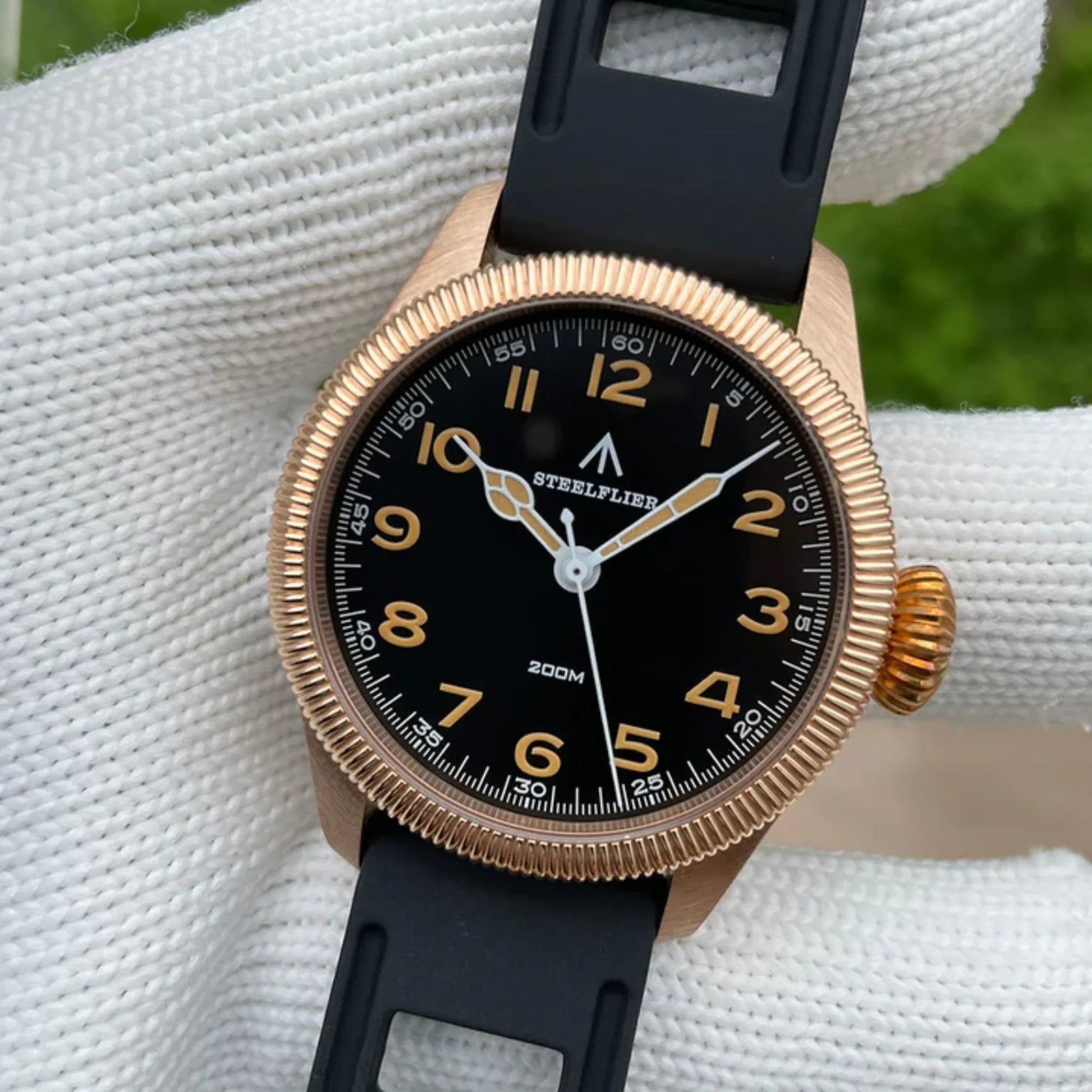 Steelflier VH60 Bronze Filed Watch SF741S - Black Leather Strap with white stiching - DREAM WATCHES