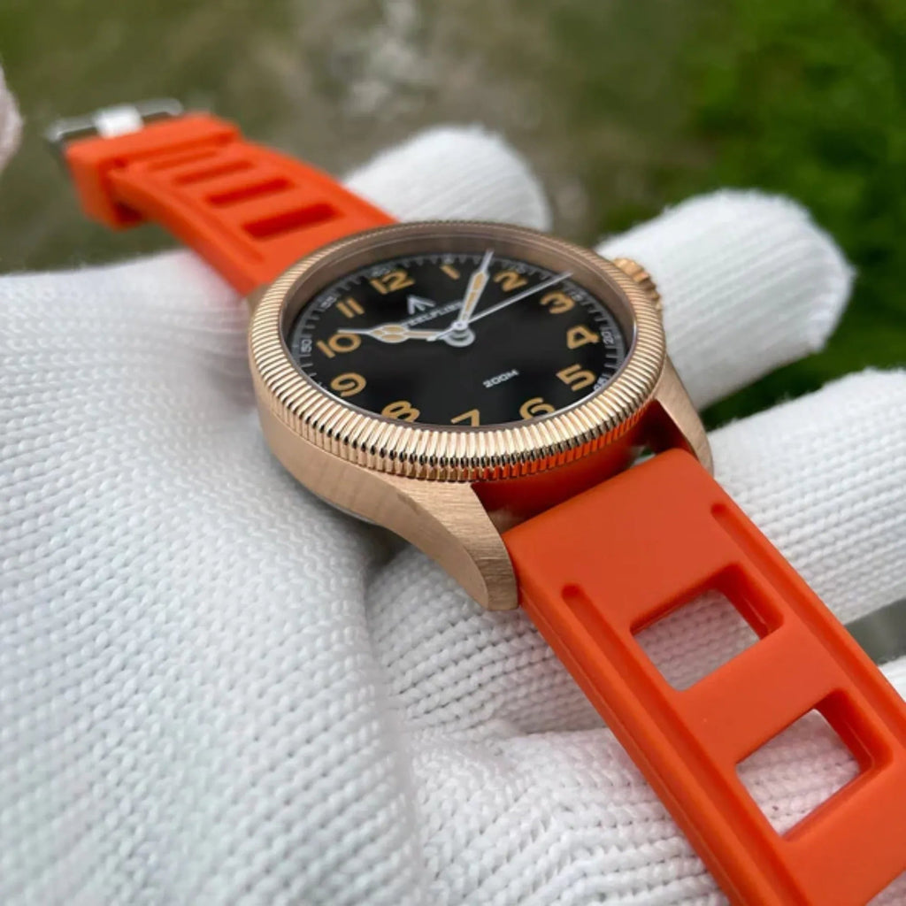 Steelflier VH60 Bronze Filed Watch SF741S - Black Leather Strap with white stiching - DREAM WATCHES