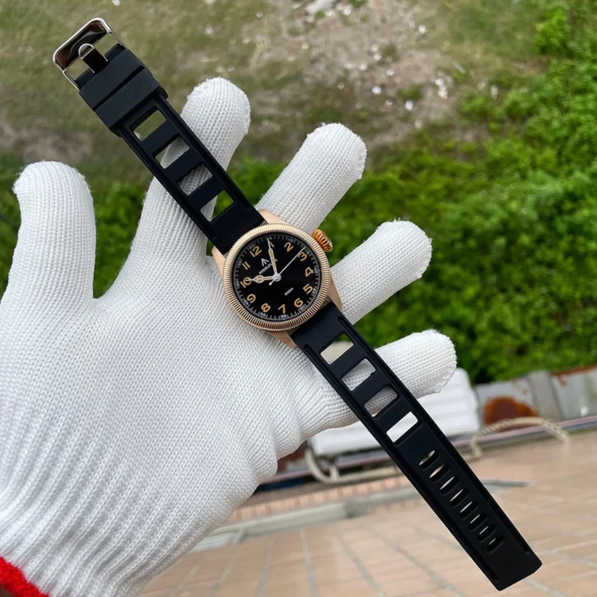 Steelflier VH60 Bronze Filed Watch SF741S - Black Leather Strap with white stiching - DREAM WATCHES