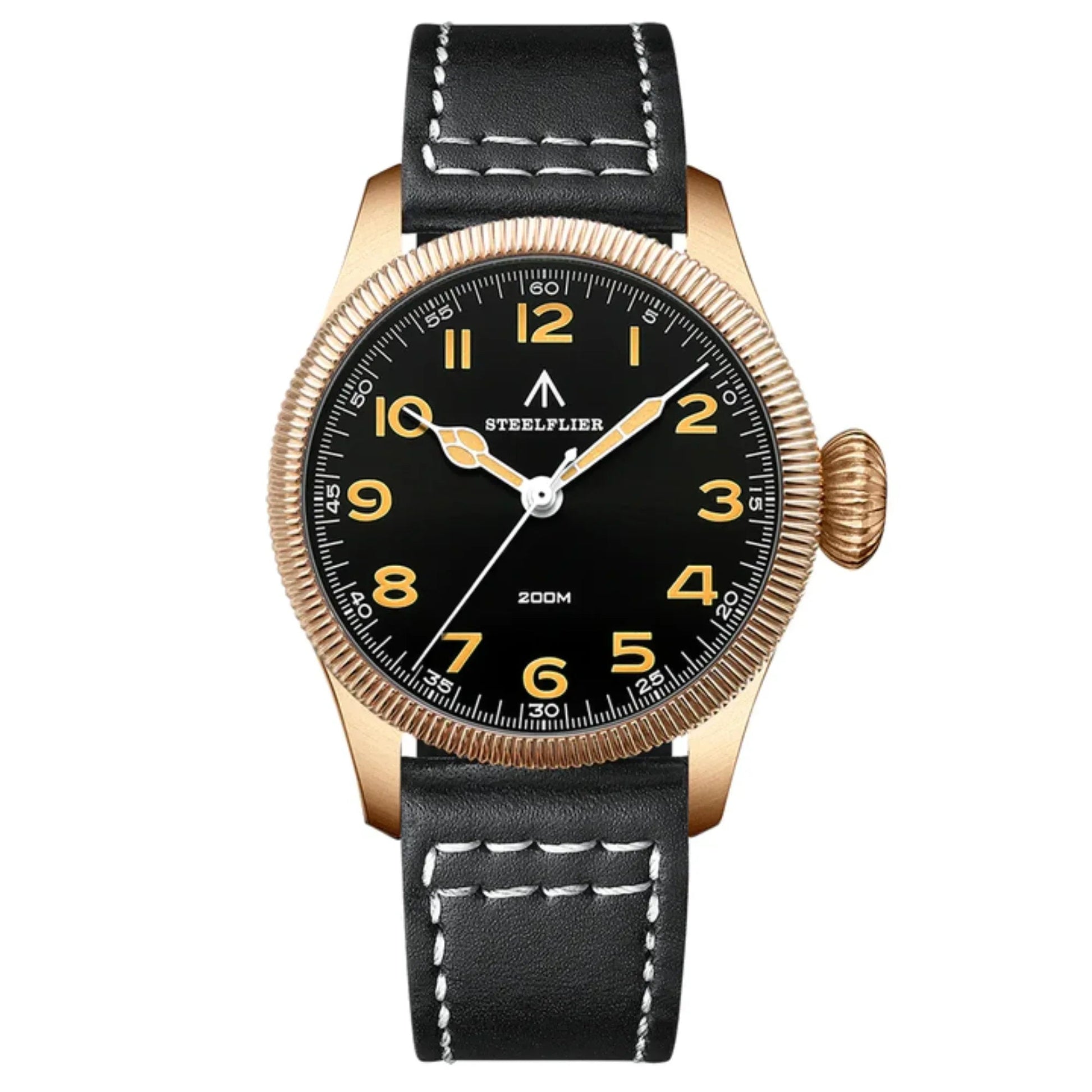 Steelflier VH60 Bronze Filed Watch SF741S - Black Leather Strap with white stiching - DREAM WATCHES