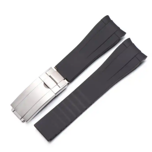 High End Curved FKM Rubber Watch Band - Oyster Style Deployment Clasp: 20 mm -Black