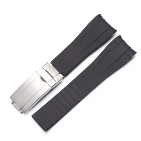 High End Curved FKM Rubber Watch Band - Oyster Style Deployment Clasp: 20 mm - Black