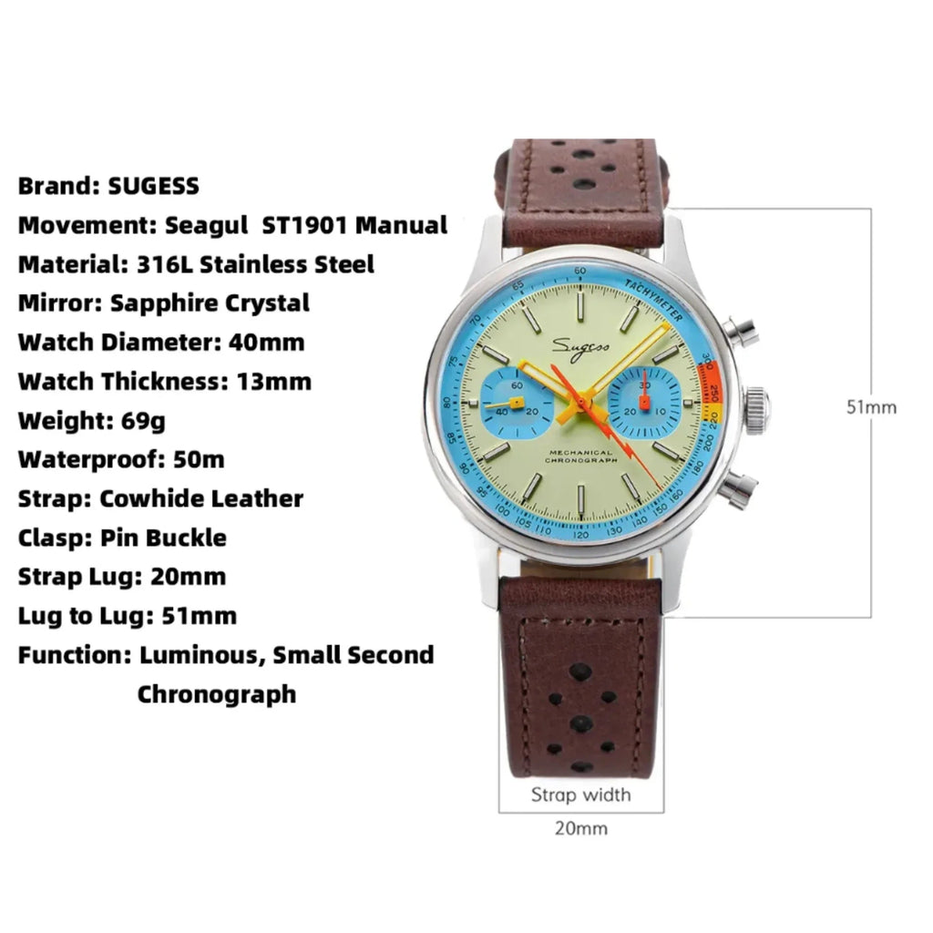 Sugess 1963 Pilot Watch Mens Chronograph Mechanical Wristwatches Original ST1901 Swanneck Movement Sapphire Crystal - DREAM WATCHES