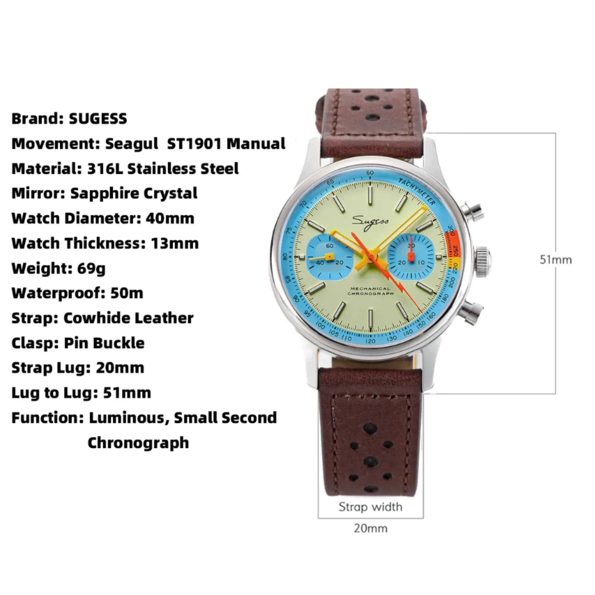 Sugess 1963 Pilot Watch Mens Chronograph Mechanical Wristwatches Original ST1901 Swanneck Movement Sapphire Crystal - DREAM WATCHES
