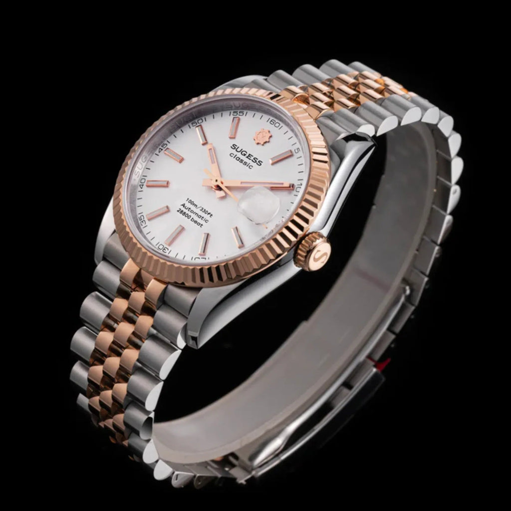 Sugess Automatic Classic S447 White Dial Rose Gold Two Tone Fluted Bezel Jubilee Bracelet ST2130 - DREAM WATCHES