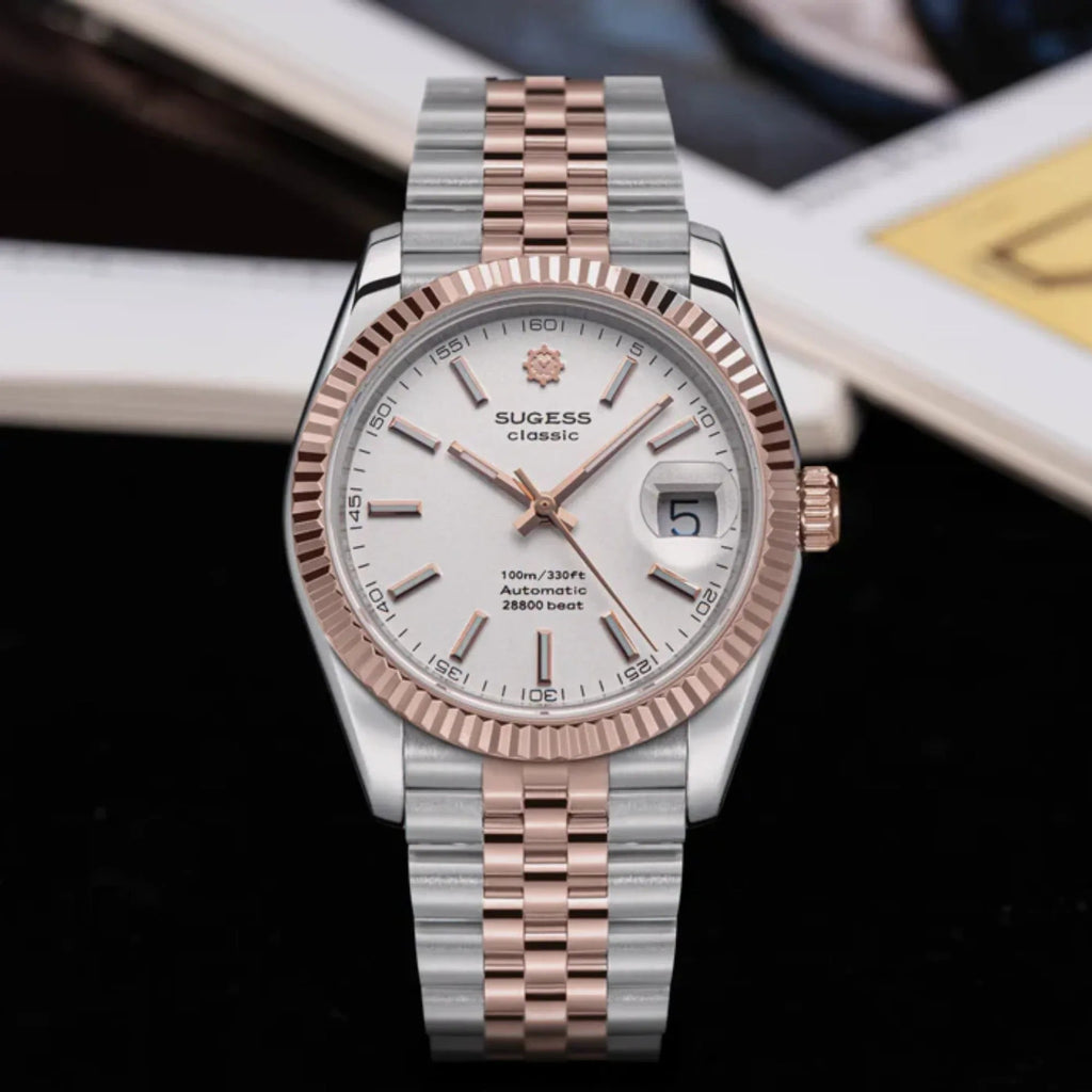 Sugess Automatic Classic S447 White Dial Rose Gold Two Tone Fluted Bezel Jubilee Bracelet ST2130 - DREAM WATCHES