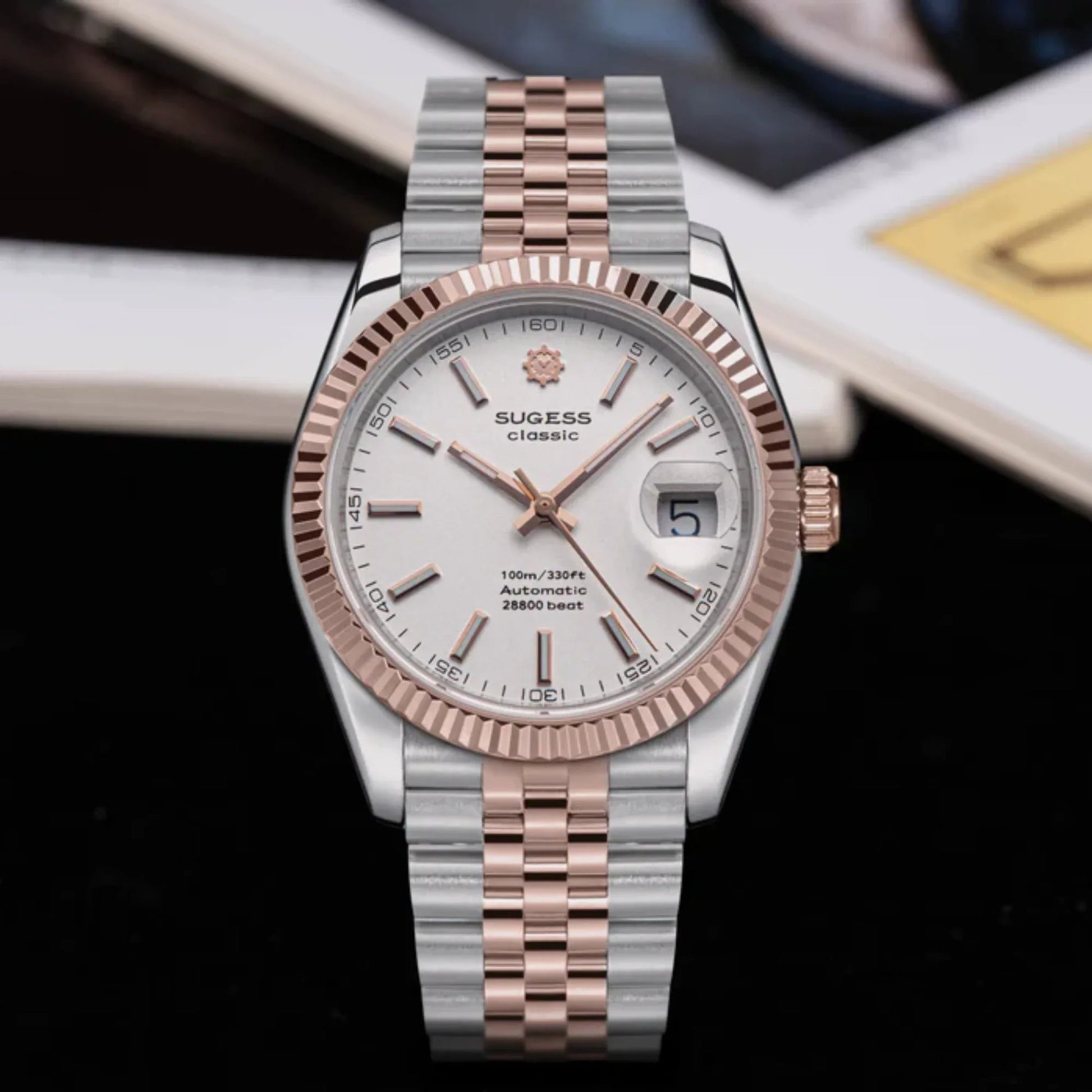 Sugess Automatic Classic S447 White Dial Rose Gold Two Tone Fluted Bezel Jubilee Bracelet ST2130 - DREAM WATCHES