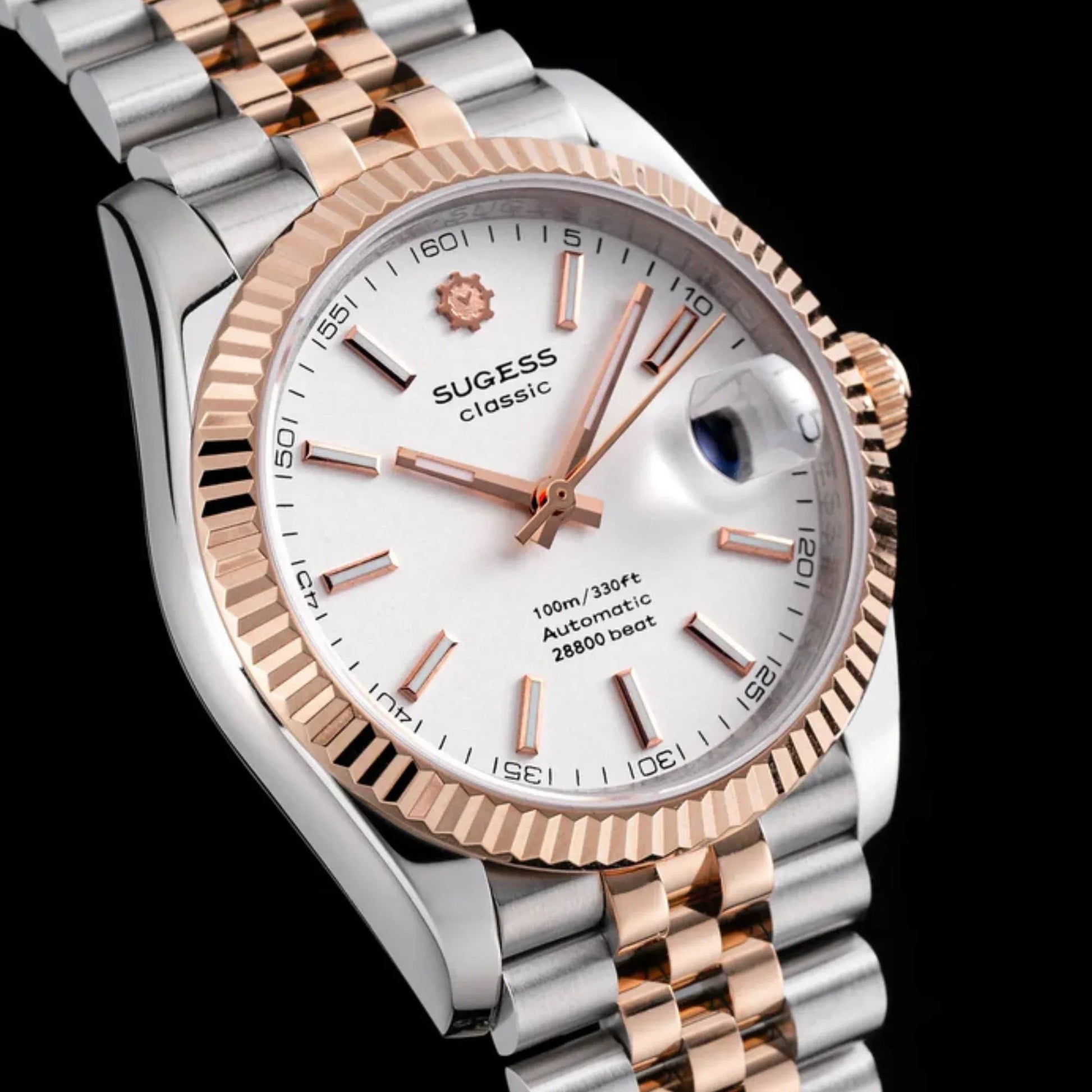 Sugess Automatic Classic S447 White Dial Rose Gold Two Tone Fluted Bezel Jubilee Bracelet ST2130 - DREAM WATCHES
