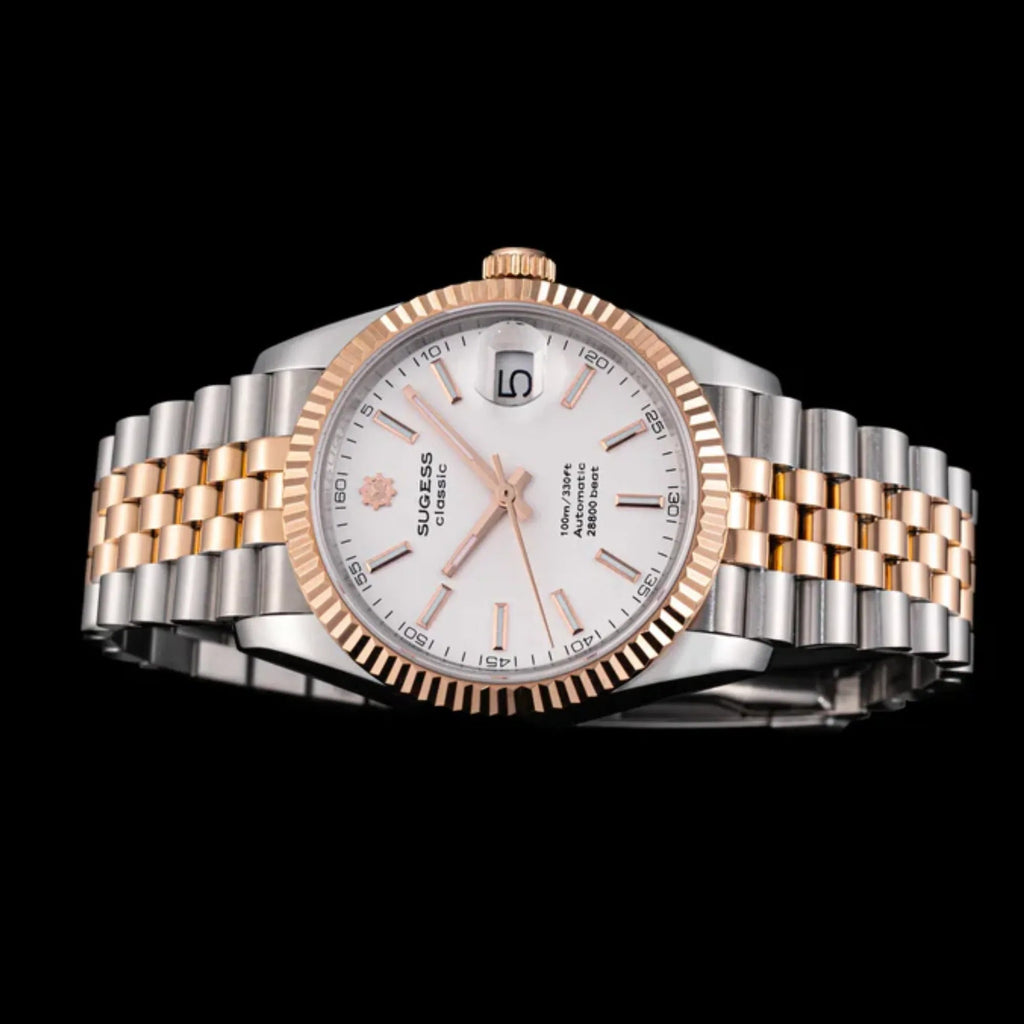 Sugess Automatic Classic S447 White Dial Rose Gold Two Tone Fluted Bezel Jubilee Bracelet ST2130 - DREAM WATCHES