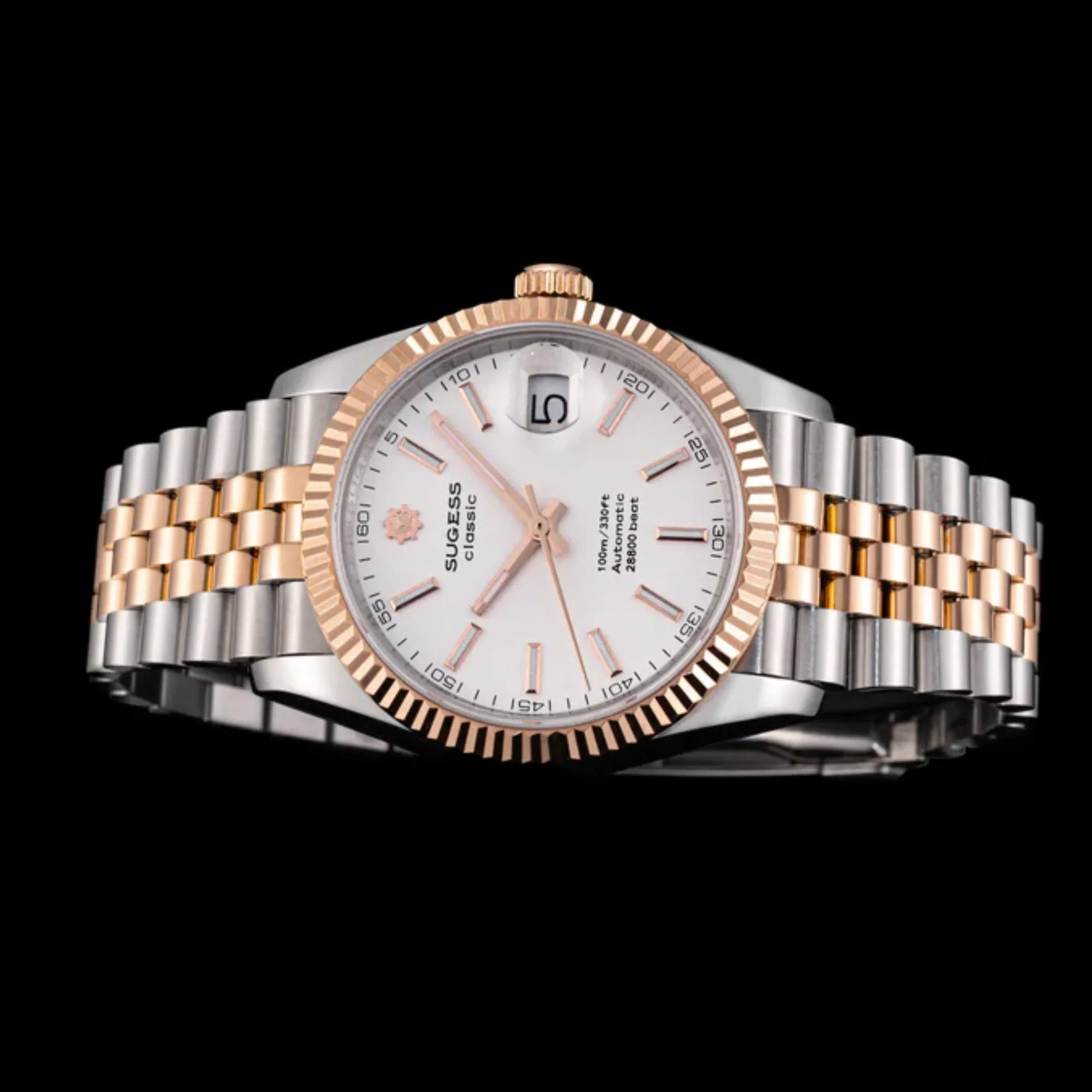 Sugess Automatic Classic S447 White Dial Rose Gold Two Tone Fluted Bezel Jubilee Bracelet ST2130 - DREAM WATCHES