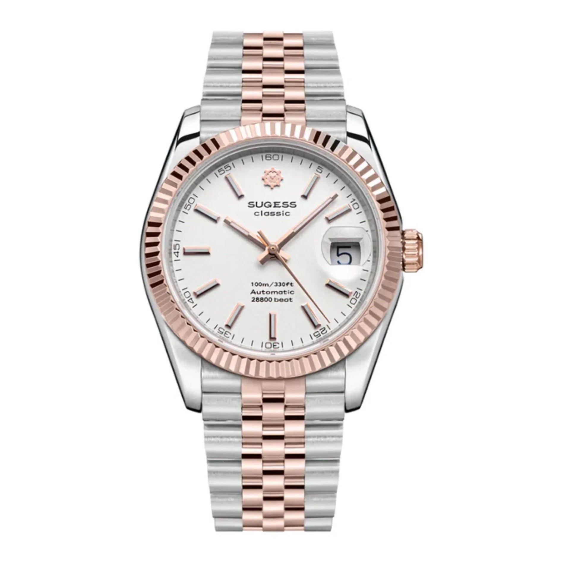 Sugess Automatic Classic S447 White Dial Rose Gold Two Tone Fluted Bezel Jubilee Bracelet ST2130 - DREAM WATCHES