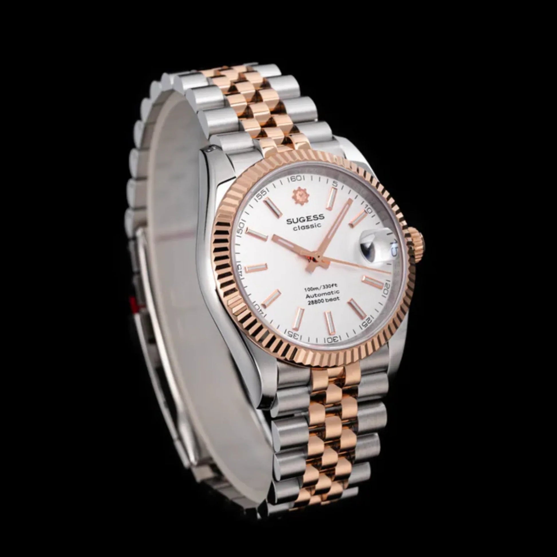 Sugess Automatic Classic S447 White Dial Rose Gold Two Tone Fluted Bezel Jubilee Bracelet ST2130 - DREAM WATCHES