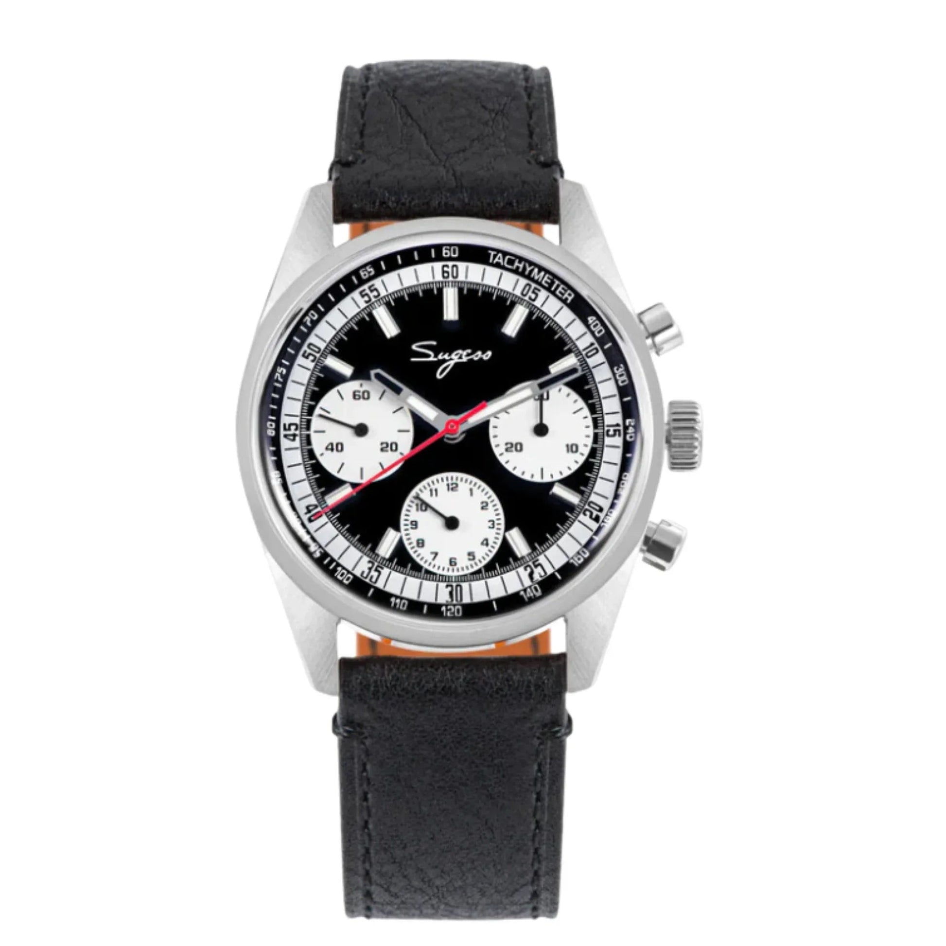 Sugess Chrono Heritage 442 Chronograph Special Dial Swan Neck Regulator Black Dial With Black Strap - DREAM WATCHES