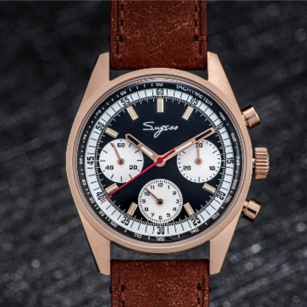 Sugess Chrono Heritage 442 Chronograph Special Dial Swan Neck Regulator Black Dial With Brown Strap - DREAM WATCHES