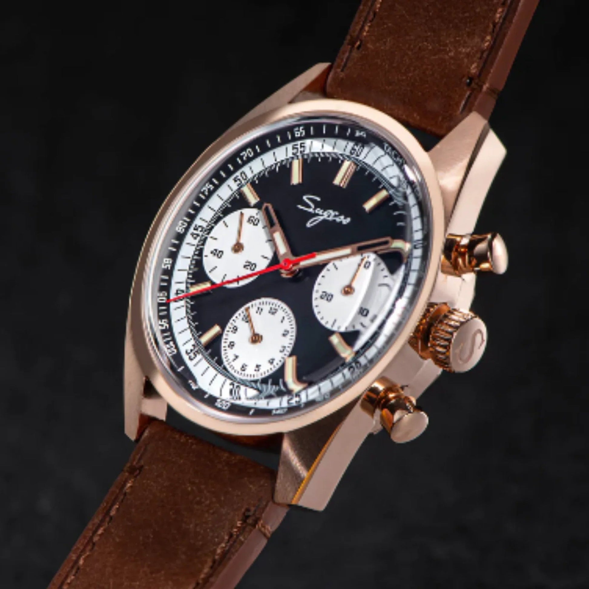 Sugess Chrono Heritage 442 Chronograph Special Dial Swan Neck Regulator Black Dial With Brown Strap - DREAM WATCHES