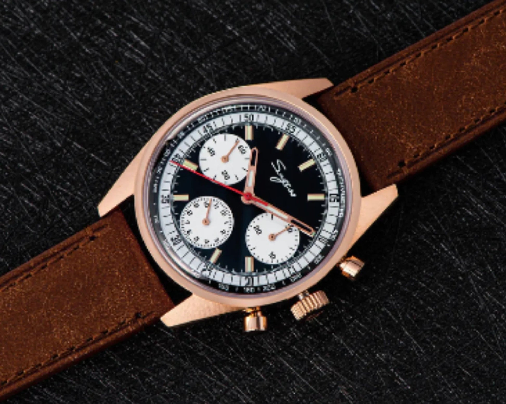 Sugess Chrono Heritage 442 Chronograph Special Dial Swan Neck Regulator Black Dial With Brown Strap - DREAM WATCHES