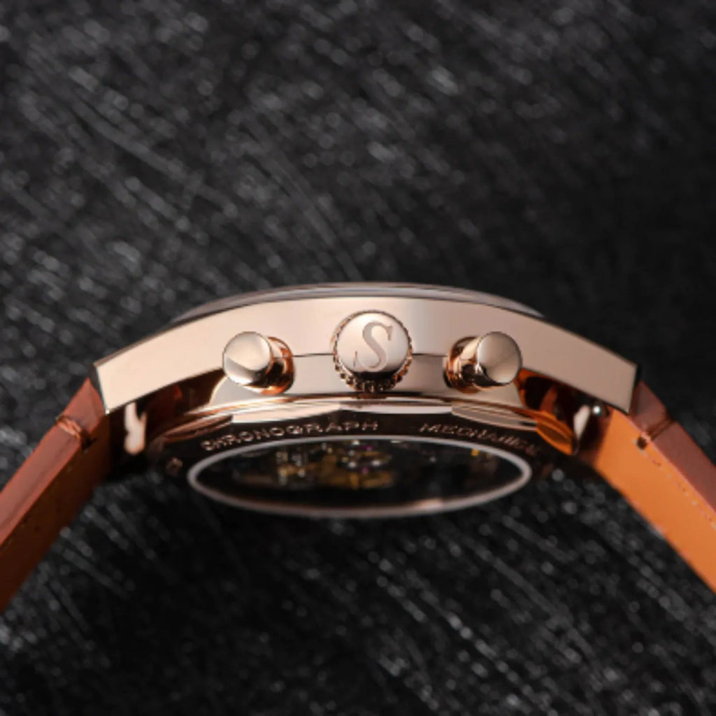 Sugess Chrono Heritage 442 Chronograph Special Dial Swan Neck Regulator Black Dial With Brown Strap - DREAM WATCHES