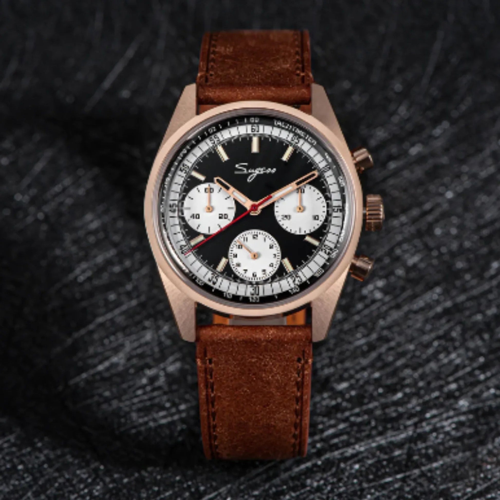 Sugess Chrono Heritage 442 Chronograph Special Dial Swan Neck Regulator Black Dial With Brown Strap - DREAM WATCHES