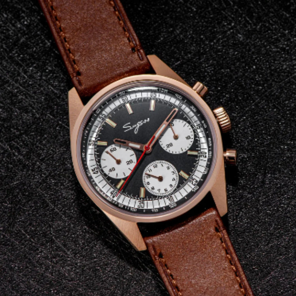 Sugess Chrono Heritage 442 Chronograph Special Dial Swan Neck Regulator Black Dial With Brown Strap - DREAM WATCHES