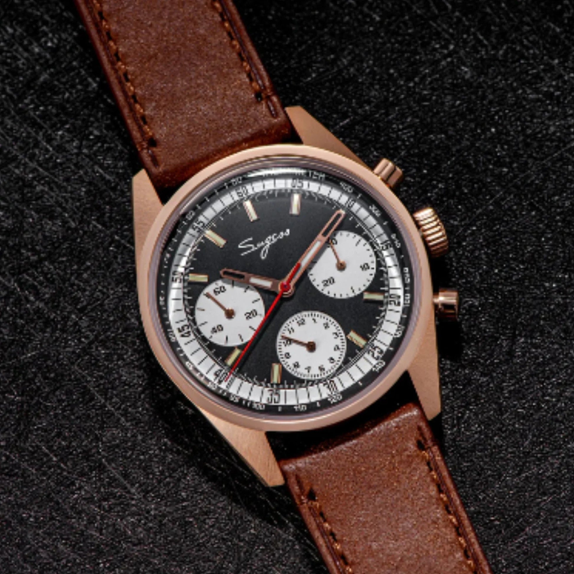 Sugess Chrono Heritage 442 Chronograph Special Dial Swan Neck Regulator Black Dial With Brown Strap - DREAM WATCHES
