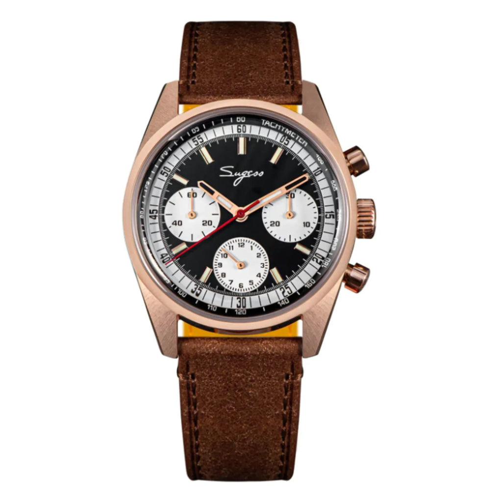 Sugess Chrono Heritage 442 Chronograph Special Dial Swan Neck Regulator Black Dial With Brown Strap - DREAM WATCHES