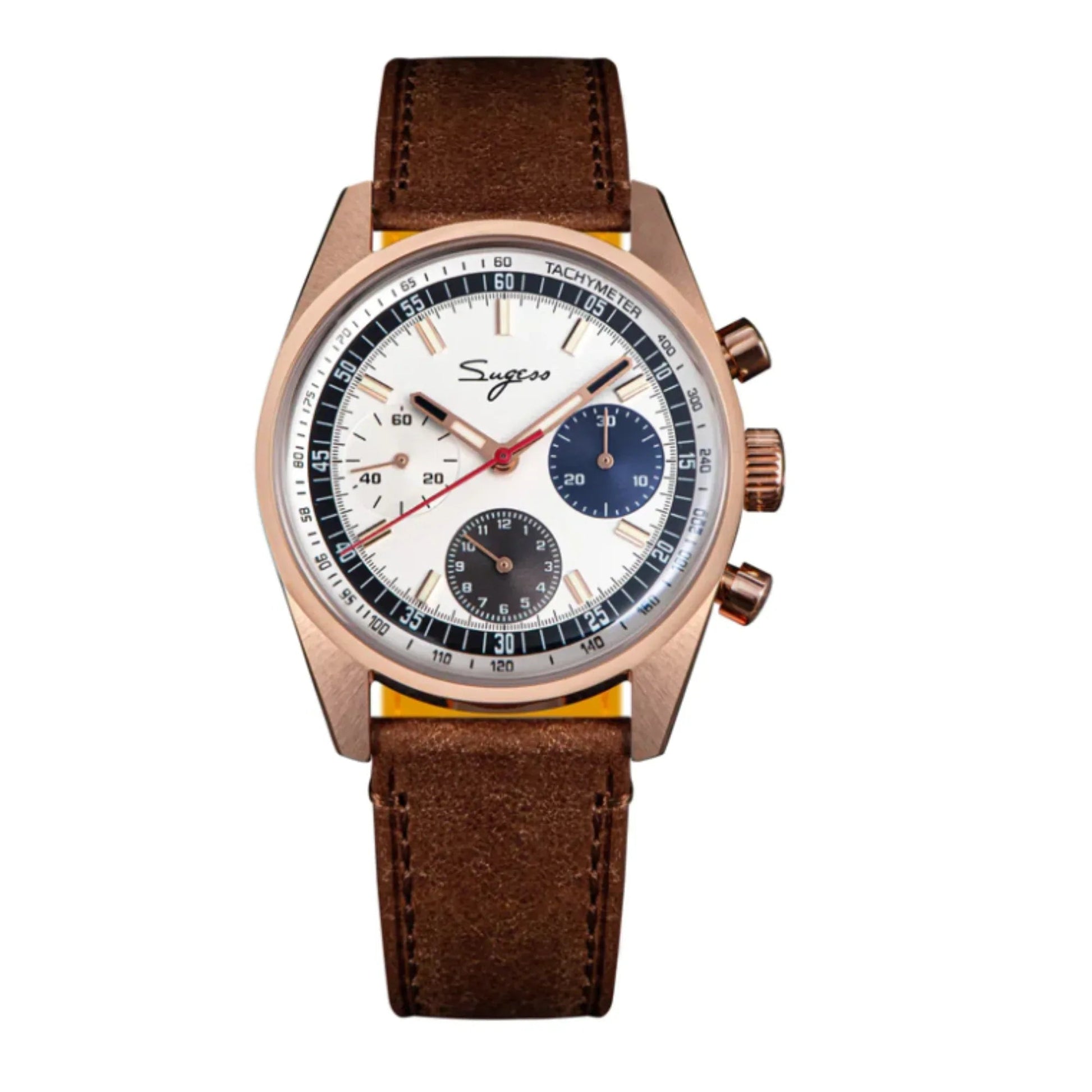 Sugess Chrono Heritage 442 Chronograph Special Dial Swan Neck Regulator White Dial with Brown Strap - DREAM WATCHES