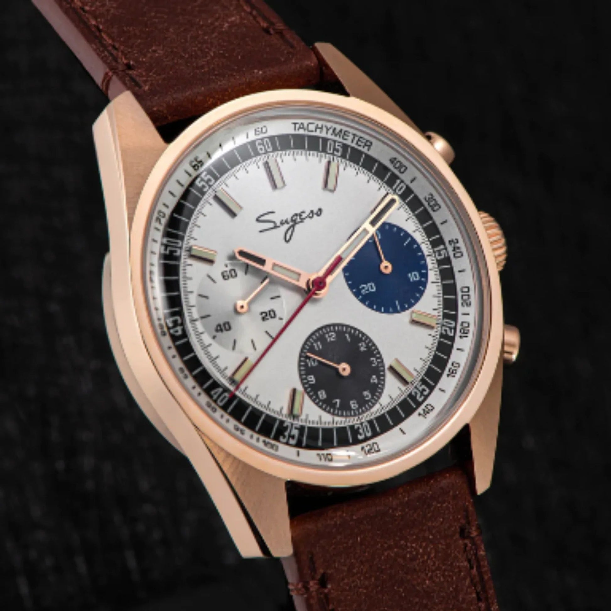 Sugess Chrono Heritage 442 Chronograph Special Dial Swan Neck Regulator White Dial with Brown Strap - DREAM WATCHES
