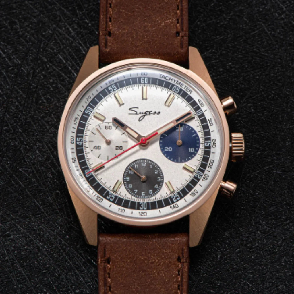 Sugess Chrono Heritage 442 Chronograph Special Dial Swan Neck Regulator White Dial with Brown Strap - DREAM WATCHES